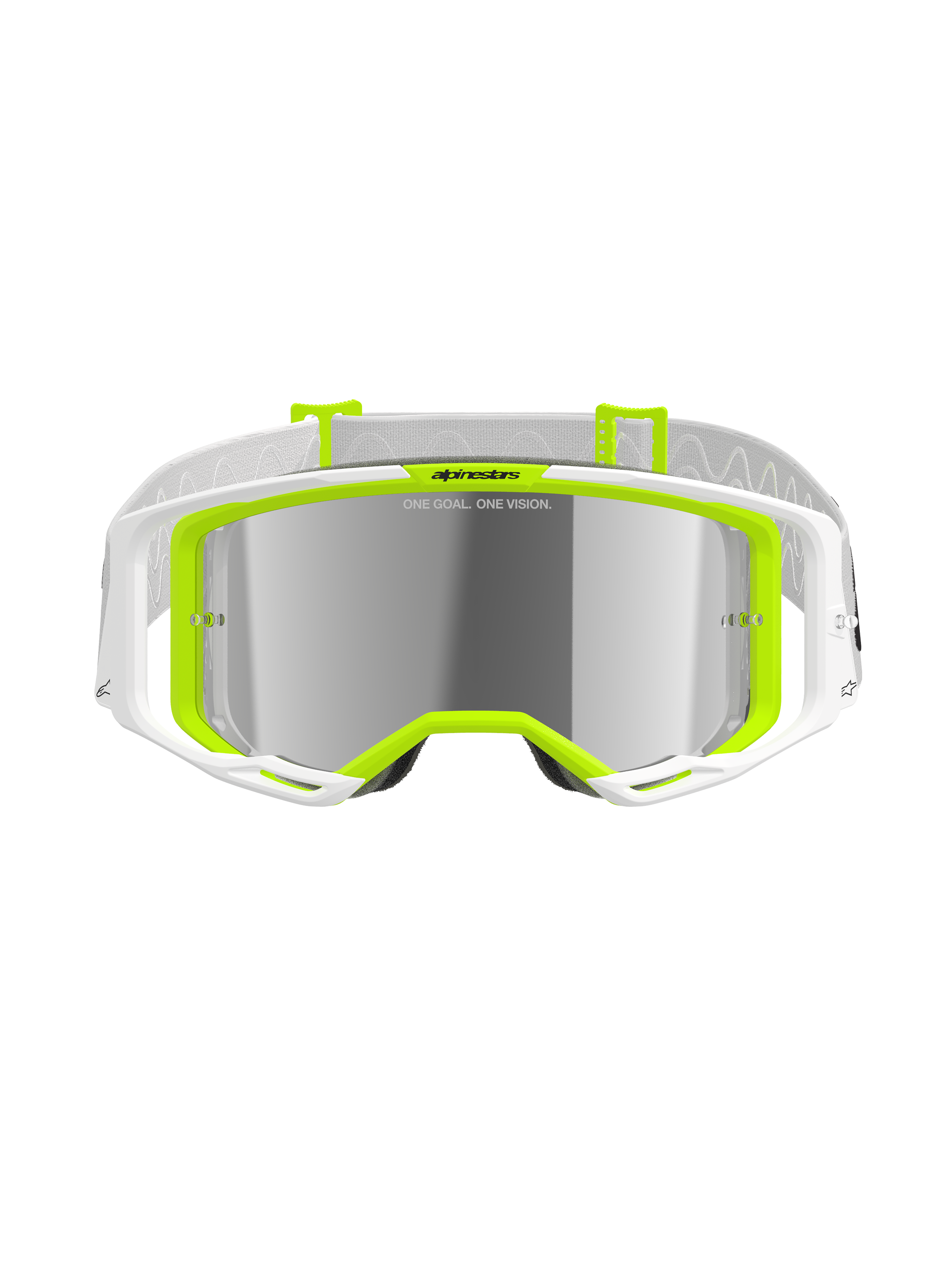 Alpinestars Vision 8 Wordmark Goggles, Motocross Goggles, White and Yellow Fluo, Silver Mirror Lens featuring 'ONE GOAL. ONE VISION.' text, wide field of view, white strap with grey accents, performance off-road eyewear