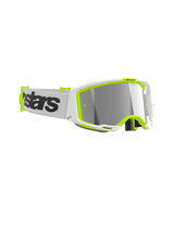 Alpinestars Vision 8 Wordmark Goggles, Motocross Goggles, White and Yellow Fluo frame, Mirror Silver lens, white woven strap with bold black wordmark branding, high-performance eye protection for off-road racing
