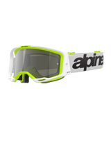 Alpinestars Vision 8 Wordmark Goggles, Motocross Goggles, White and Fluorescent Yellow frame with a Silver Mirror lens, featuring a white strap with bold black branding and A-FLEX frame for off-road racing performance.