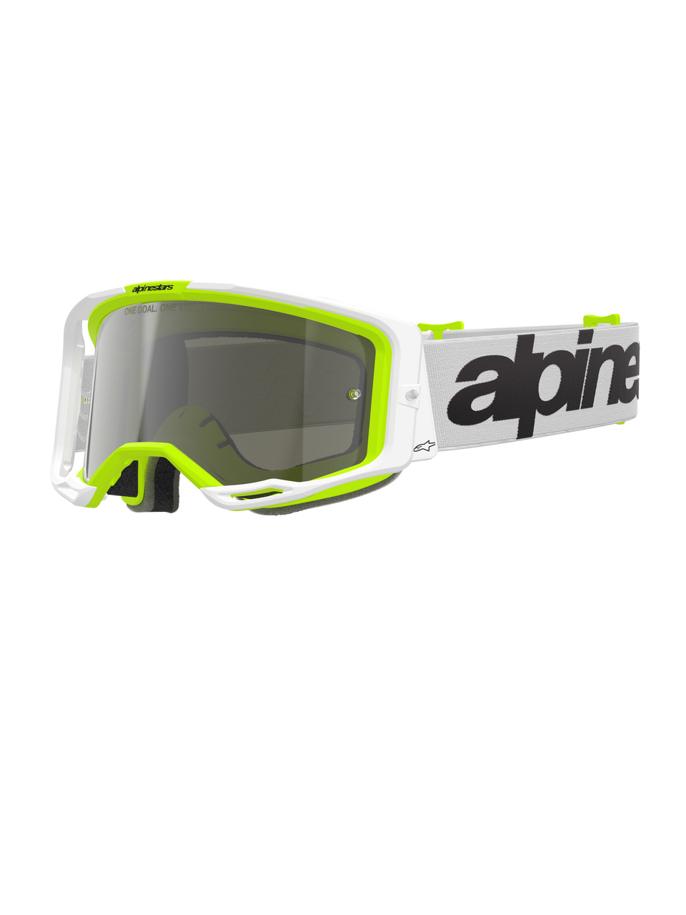 Alpinestars Vision 8 Wordmark Goggles, Motocross Goggles, White and Fluorescent Yellow frame with a Silver Mirror lens, featuring a white strap with bold black branding and A-FLEX frame for off-road racing performance.