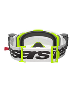 Alpinestars Vision 8 Wordmark Goggles Roll Off, Motocross Goggles, White and Fluorescent Yellow, Rear view showing white strap with black wordmark, neon yellow buckles, black 3D-molded face foam, and integrated roll-off system canisters