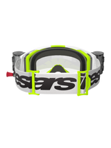 Alpinestars Vision 8 Wordmark Goggles, Rear View, White and Yellow Fluo, featuring integrated Roll-Off system with canisters, wide white woven strap with black Alpinestars logo, 3D molded face foam and clear lens
