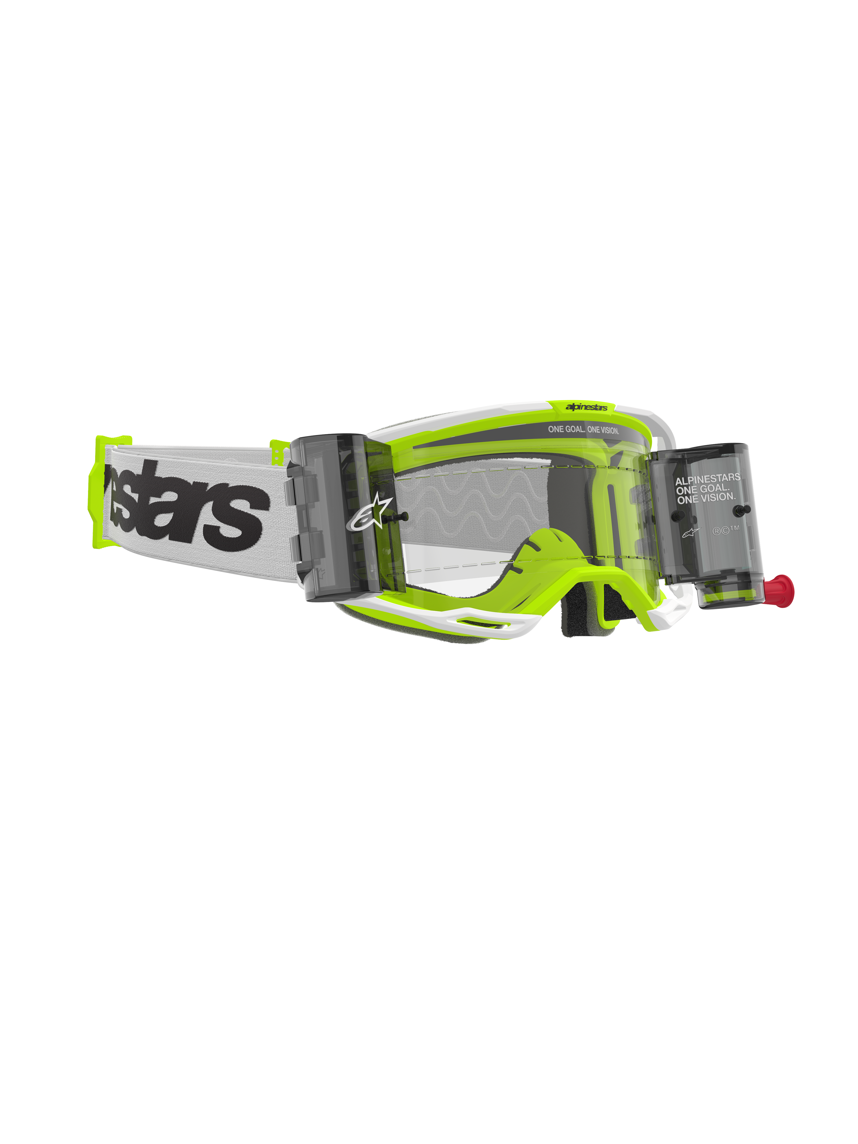 Alpinestars Vision 8 Wordmark Goggles Roll Off, Motocross Goggles, White and Fluorescent Yellow frame, Clear Lens with integrated roll-off canisters, white woven strap with bold black branding, high-performance off-road eyewear.