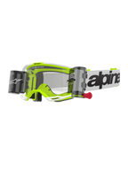 Alpinestars Vision 8 Wordmark Goggles Roll Off, Motocross Goggles, White and Fluorescent Yellow, Clear Lens with Roll-Off System, white strap with black Alpinestars wordmark, red pull tab, professional off-road racing eye protection
