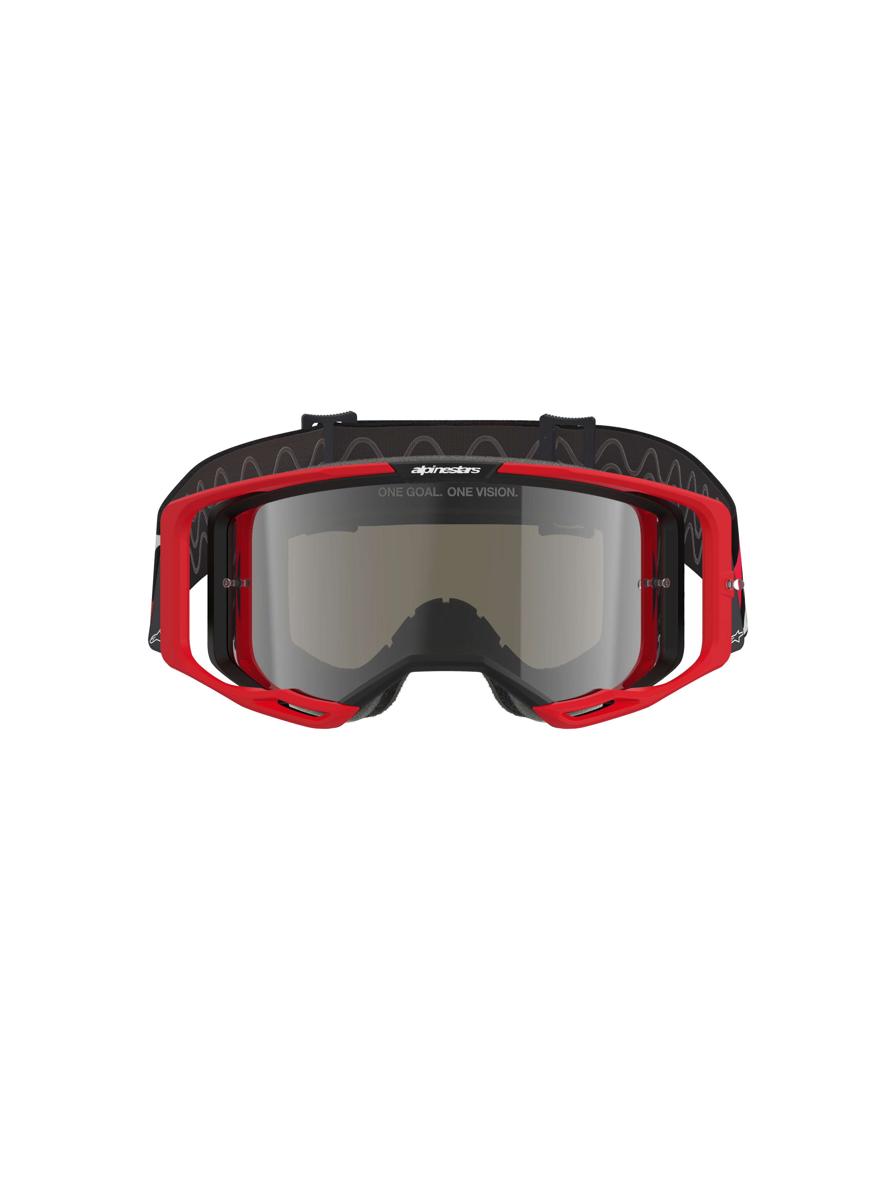 Alpinestars Vision 8 Luar Goggles, Motocross Goggles, Red and Black frame with Silver Mirror lens, high-performance design with wide field of view, prominent branding on the strap and frame, suitable for off-road and motocross racing