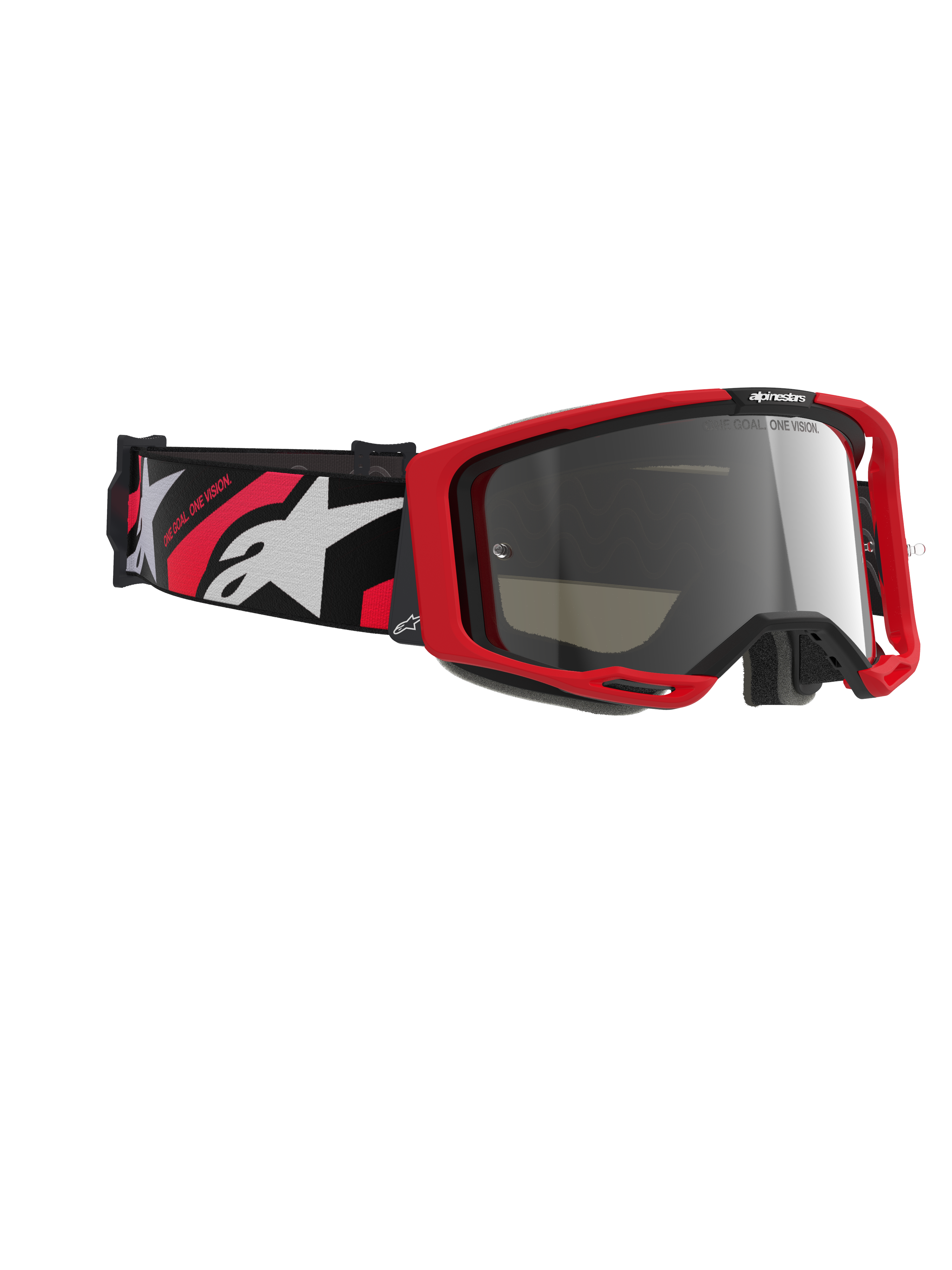 Alpinestars Vision 8 Luar Goggles, Motocross Goggles, Red and Black frame with Silver Mirror Lens, featuring a wide woven strap with red and white Alpinestars branding and "ONE GOAL. ONE VISION." text, high-performance protective eyewear for off-road racing