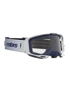 Alpinestars Vision 8 Amber Goggles in white and navy blue, featuring a clear lens and A-FLEX frame for motocross racing.