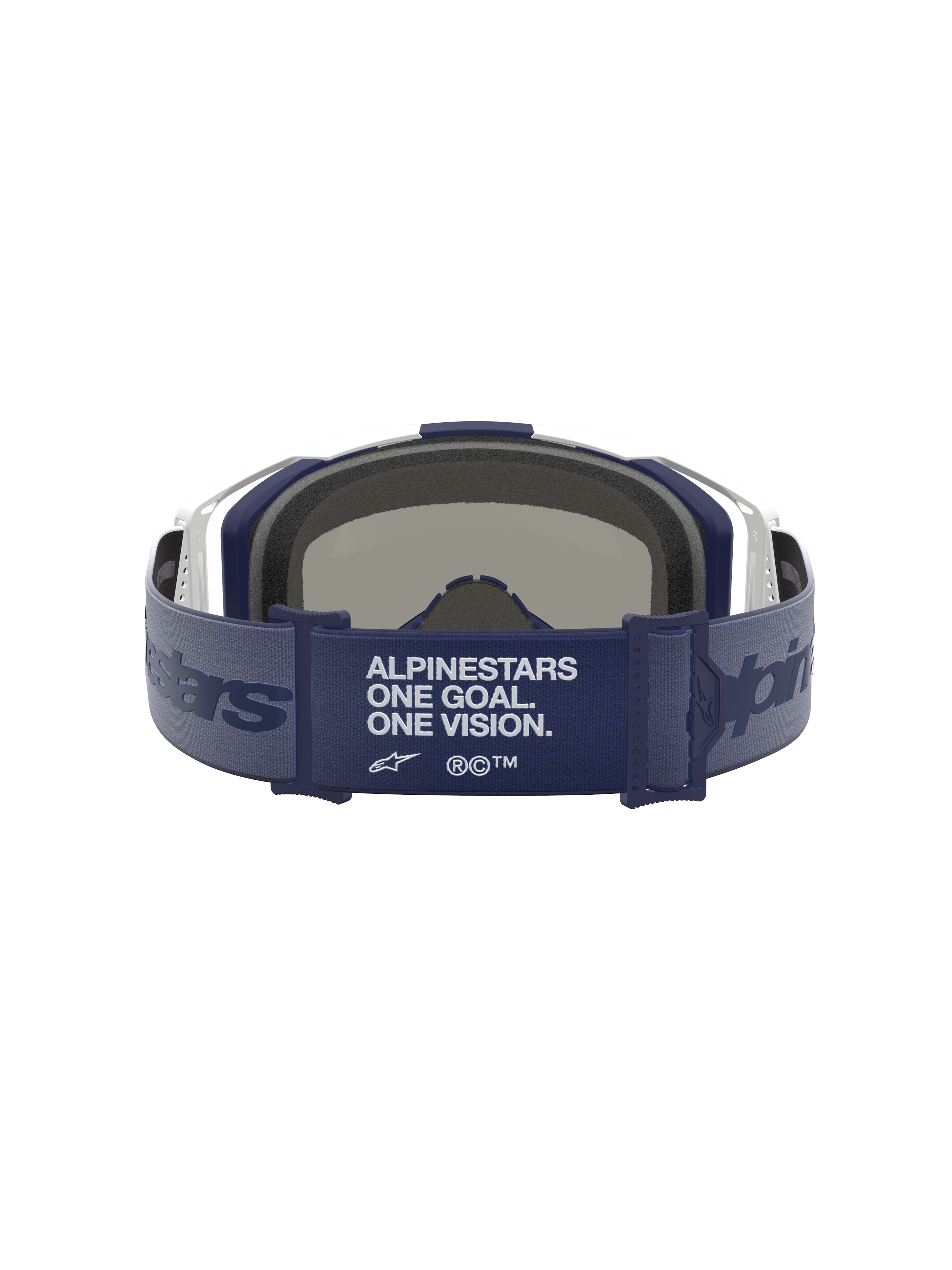Alpinestars Vision 8 Amber Goggles, Motocross Goggles, White and Navy, featuring the brand manifesto on the strap.