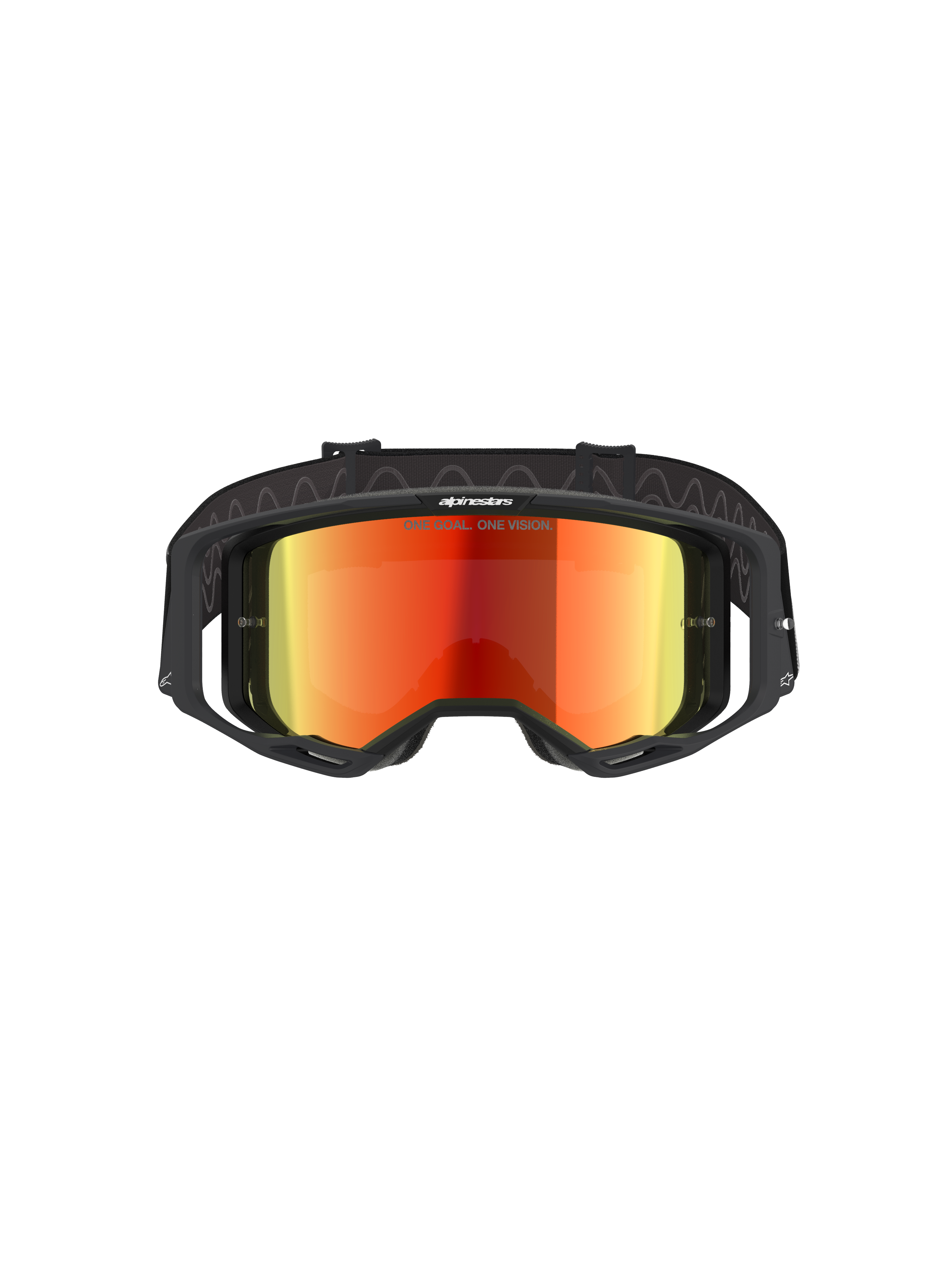 Alpinestars Vision 8 Corp Goggles, Motocross Goggles, Black and Mirror Red, front view featuring a red reflective lens with 'ONE GOAL. ONE VISION.' text, black frame with RAM-AIR ventilation, adjustable black strap, professional eye protection for off-road racing