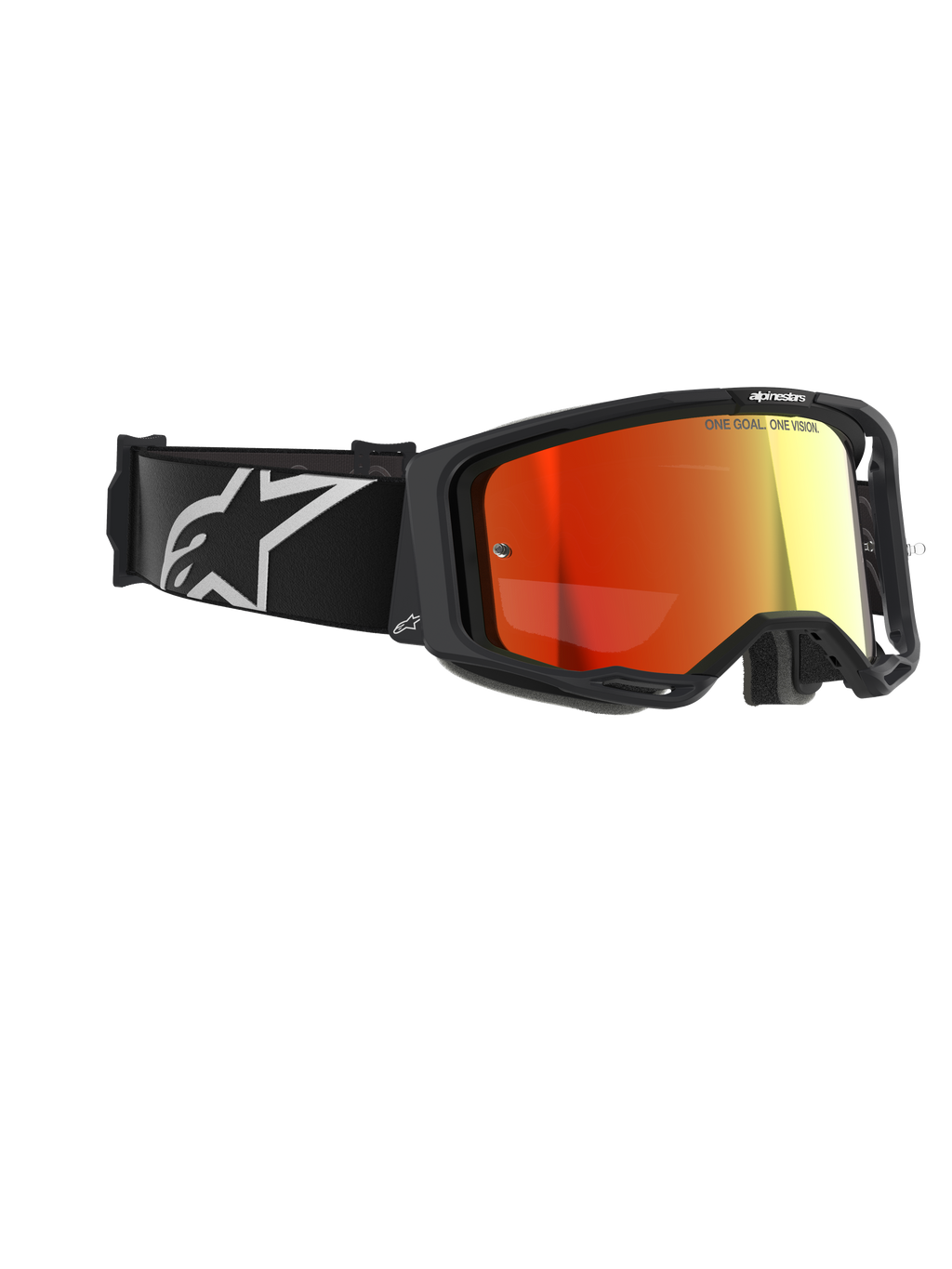 Alpinestars Vision 8 Corp Goggles, Motocross Goggles, Black with Mirror Red lens, featuring a black strap with a white Alpinestars logo and "ONE GOAL. ONE VISION." text on the lens, high-performance eye protection for off-road racing