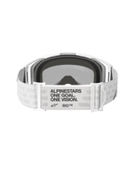 Alpinestars Vision 8 Corp Goggles, Motocross Goggles, White with Mirror Silver lens, rear view featuring a wide white woven strap with black 'ALPINESTARS ONE GOAL. ONE VISION.' text, adjustable buckles and comfortable face foam, designed for off-road performance