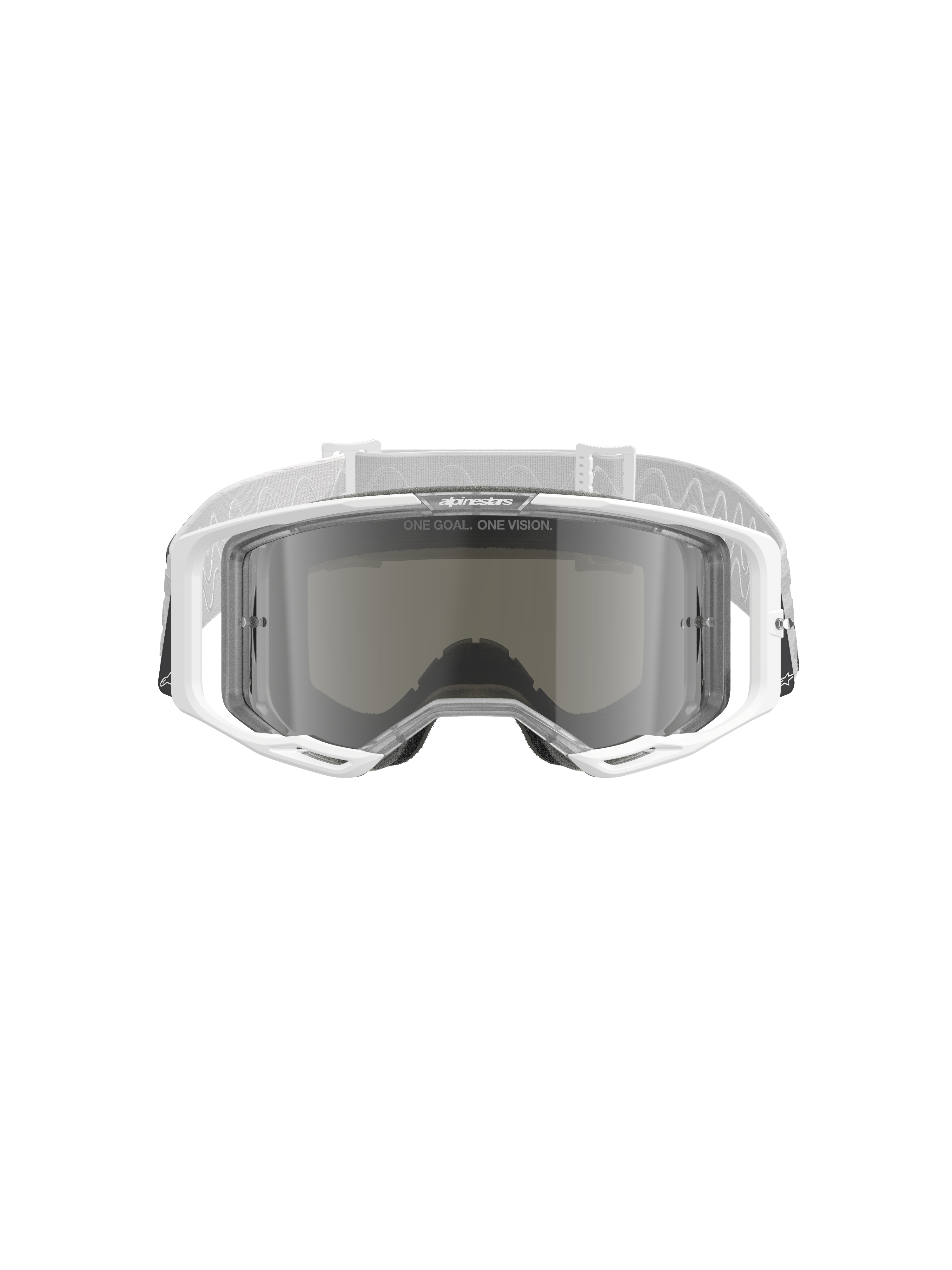 Alpinestars Vision 8 Corp Goggles, Motocross Goggles, White with Mirror Silver Lens, front view showing the wide-angle polycarbonate lens, RAM-AIR ventilation system, and white woven strap with branding.