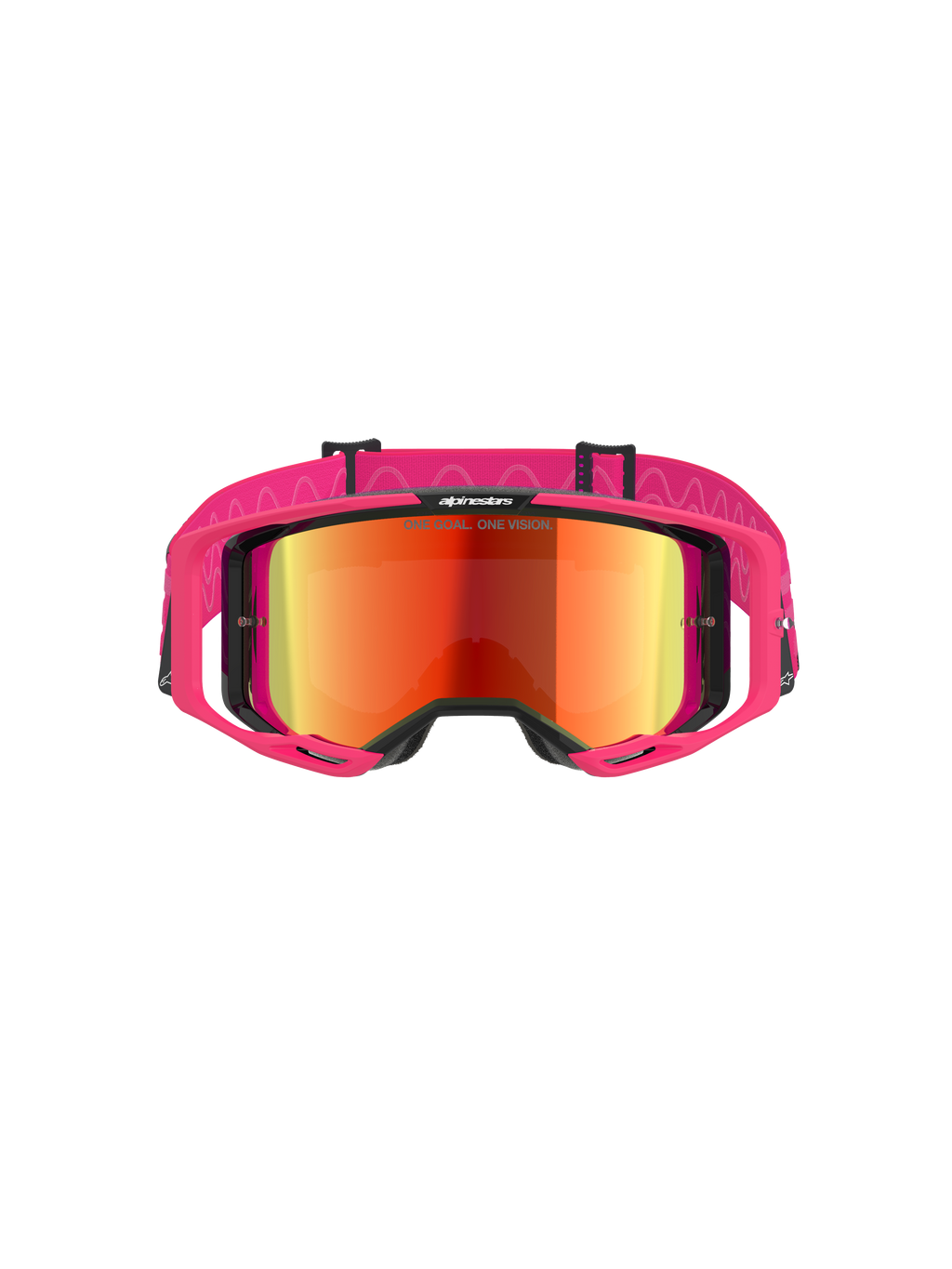 Alpinestars Vision 8 Corp Goggles, Motocross Goggles, Pink frame with Mirror Red lens, featuring wide pink strap with wavy silicone pattern, A-FLEX frame with outriggers, high-performance off-road eyewear