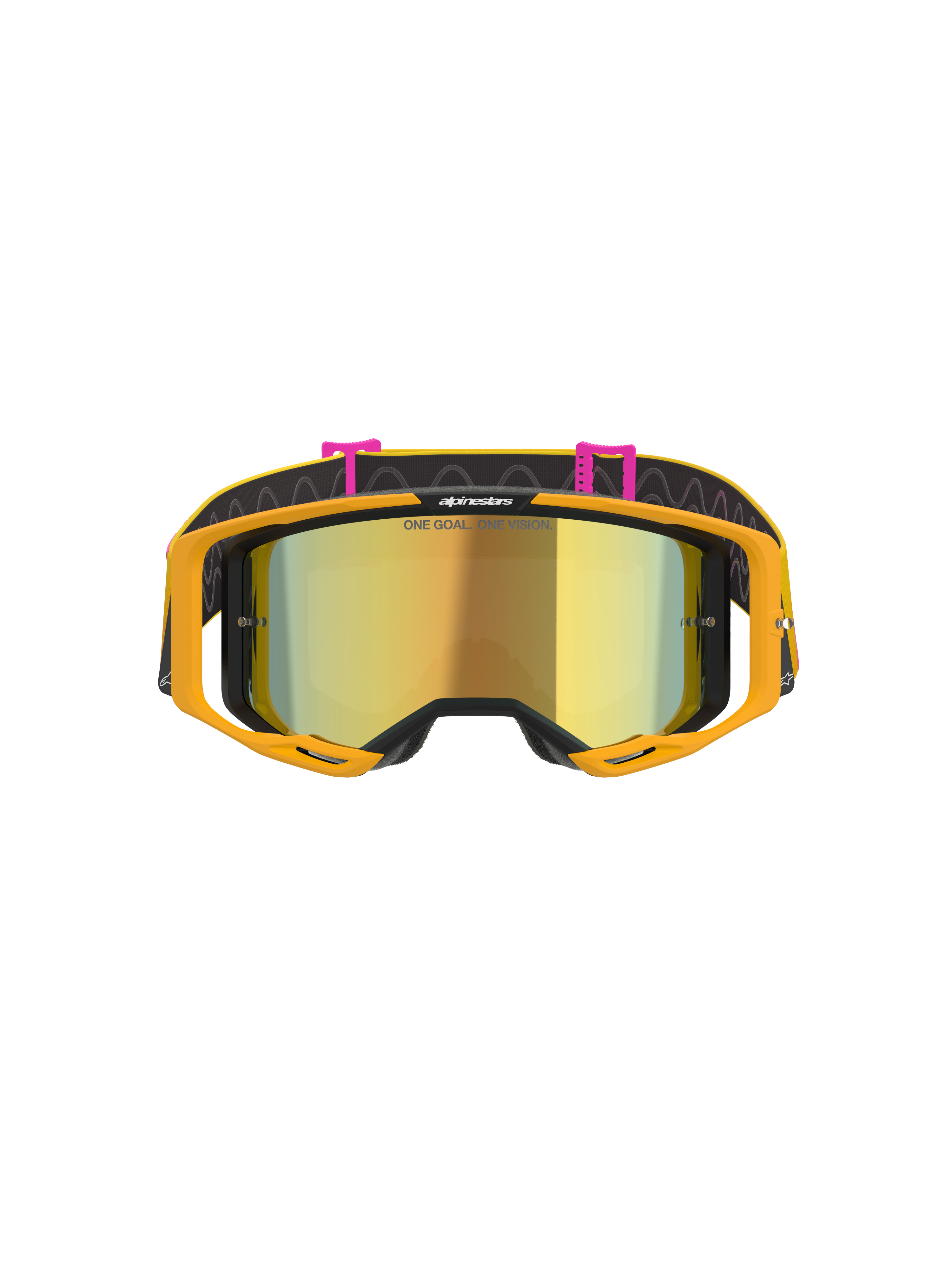 Alpinestars Vision 8 Corp Goggles, Motocross Goggles, Orange Yellow Pink Mirror Gold, front view featuring a mirrored gold lens with 'ONE GOAL. ONE VISION.' text, bright orange frame, and black strap with pink clips and wavy line patterns.