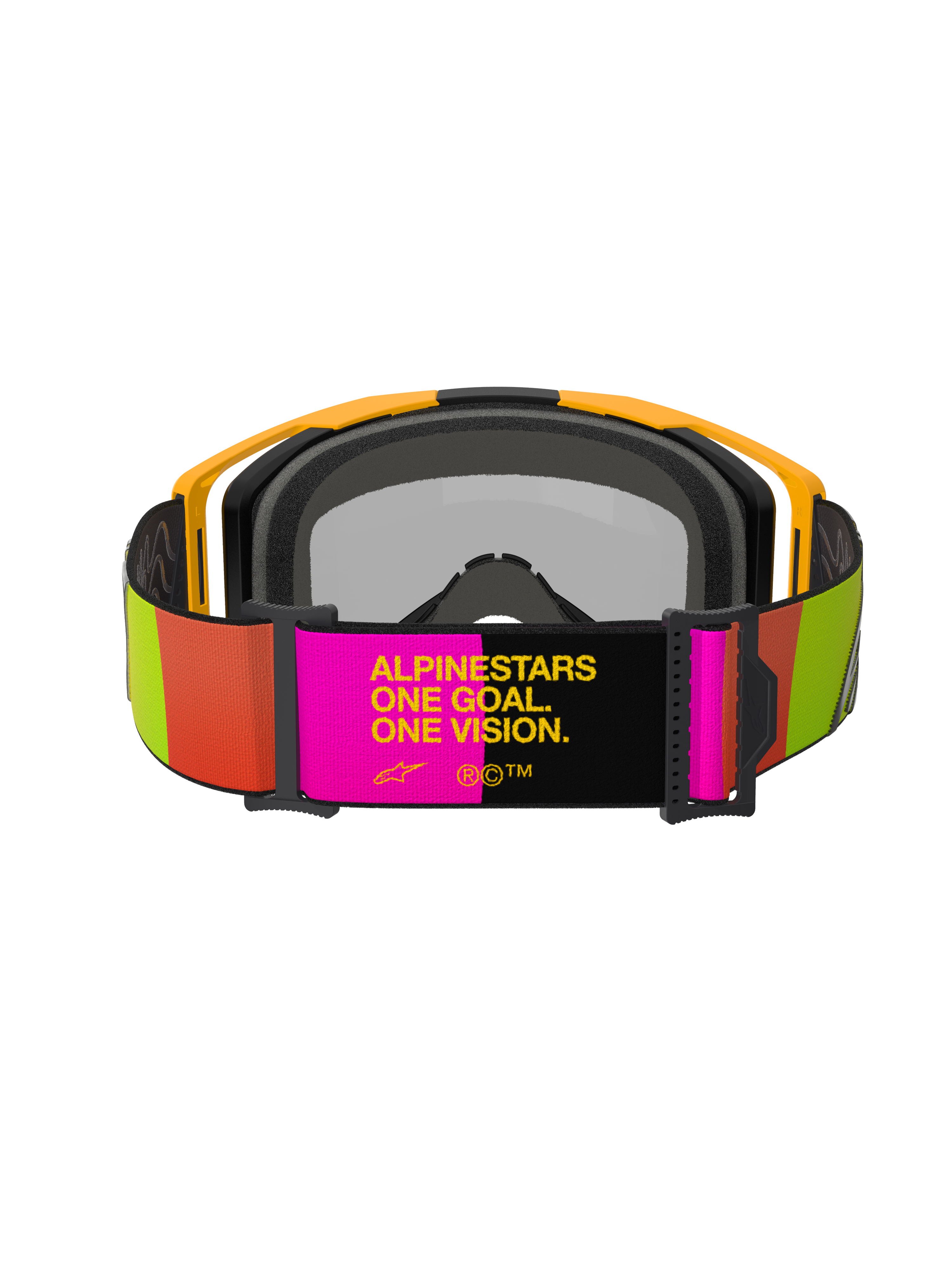 Alpinestars Vision 8 Corp Goggles, Motocross Goggles, Yellow and Pink, rear view featuring adjustable strap with "ALPINESTARS ONE GOAL. ONE VISION." slogan, vibrant lime and orange accents, yellow frame with grey face foam.