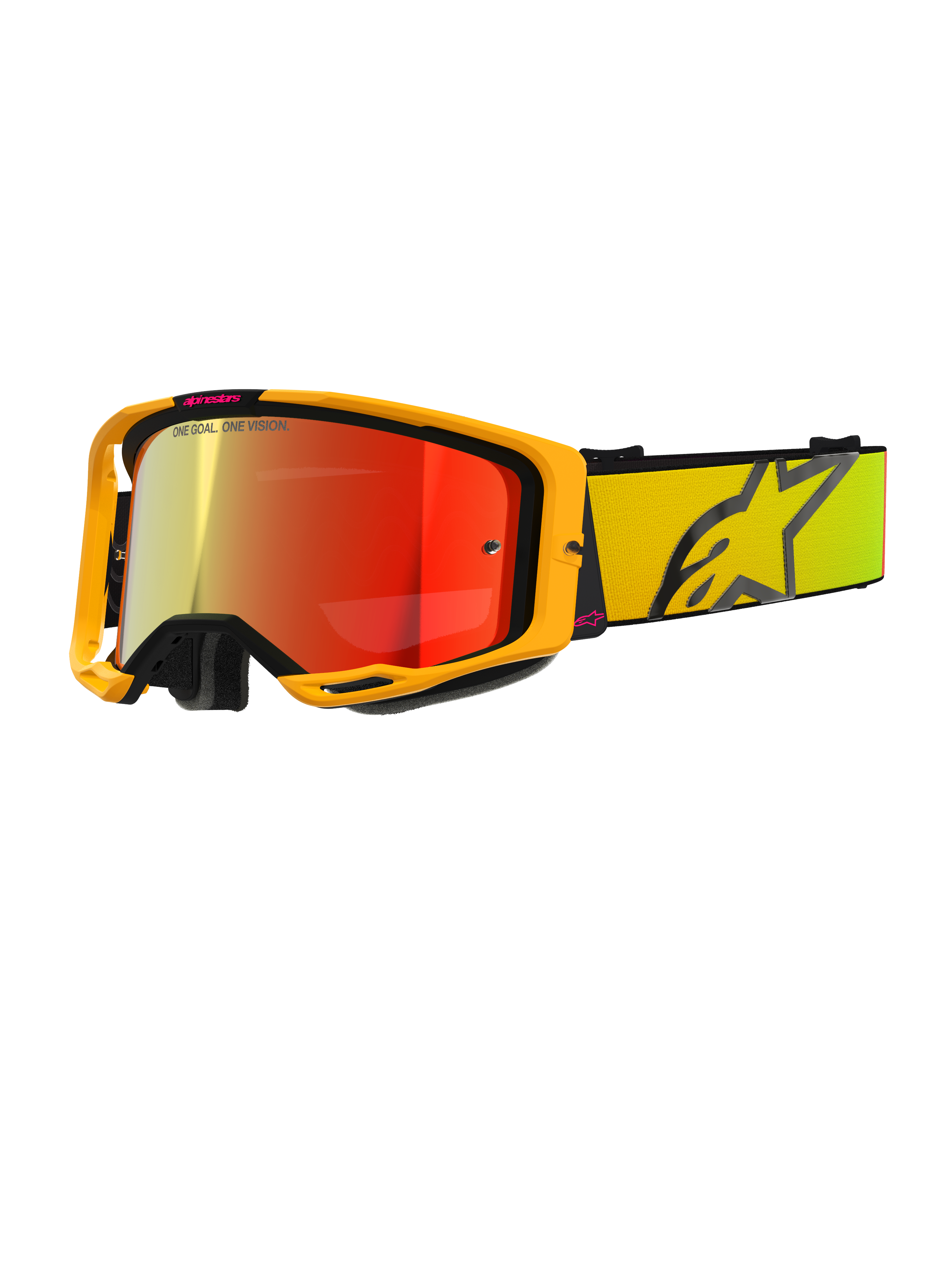 Alpinestars Vision 8 Corp Goggles, Yellow and Pink Motocross Goggles, Red Mirror Reflective Lens, Wide yellow strap with large black star logo, 'ONE GOAL. ONE VISION.' branding, professional off-road racing eyewear