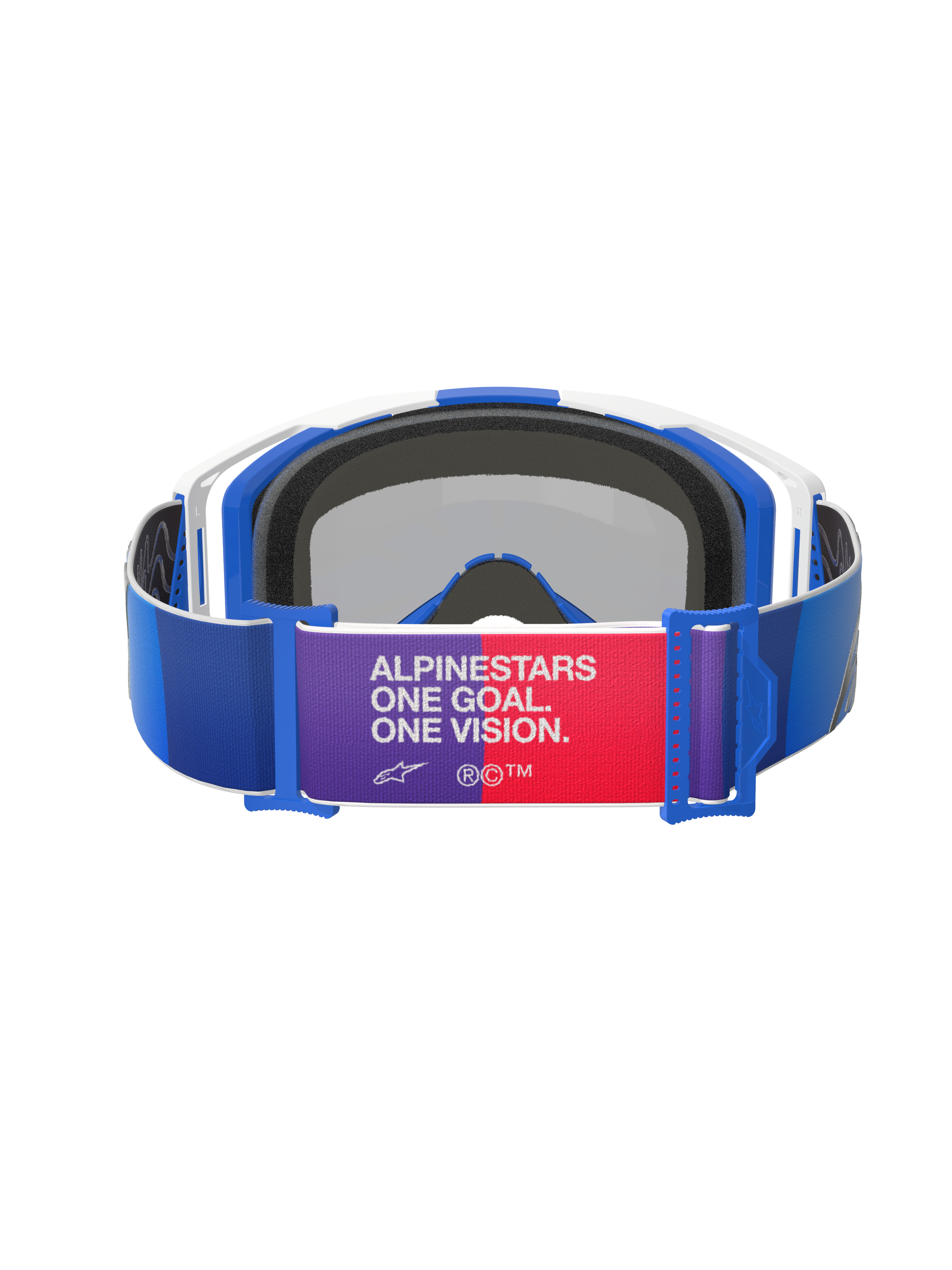 Alpinestars Vision 8 Corp Goggles, Blue White and Mirror Blue, Rear View, blue strap with purple and red central patch featuring "ALPINESTARS ONE GOAL. ONE VISION." text, white and blue frame with black foam padding, Motocross Goggles