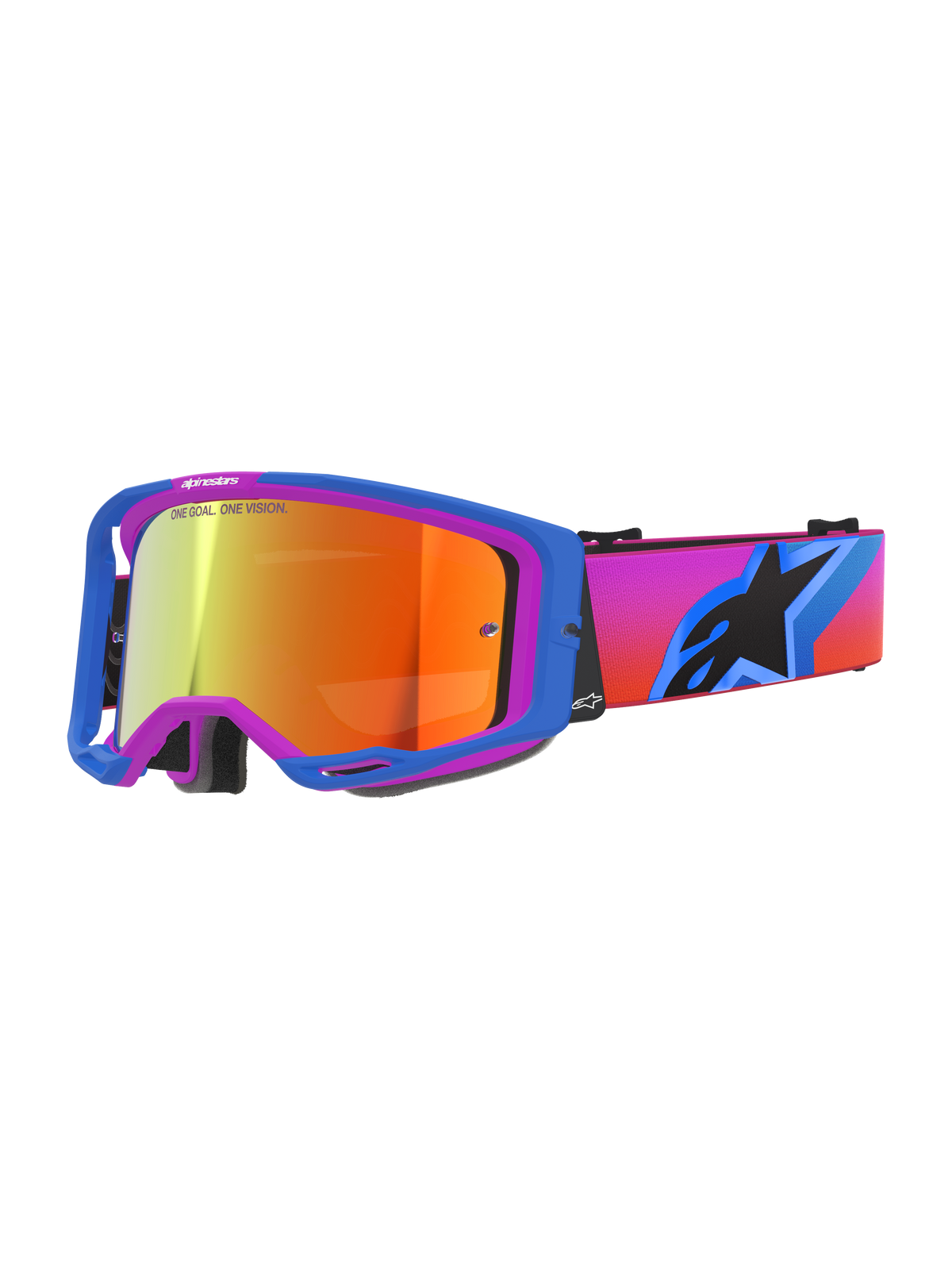 Alpinestars Vision 8 Corp Goggles, motocross goggles with a blue and purple A-FLEX frame, orange mirror lens featuring 'ONE GOAL. ONE VISION.' branding, gradient pink to orange strap with a large black star logo, high-performance off-road eye protection