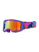 Alpinestars Vision 8 Corp Goggles, Motocross Goggles, UCLA Blue and Purple frame, Mirror Red tinted lens, vibrant gradient strap with Alpinestars star logo, professional off-road racing eyewear