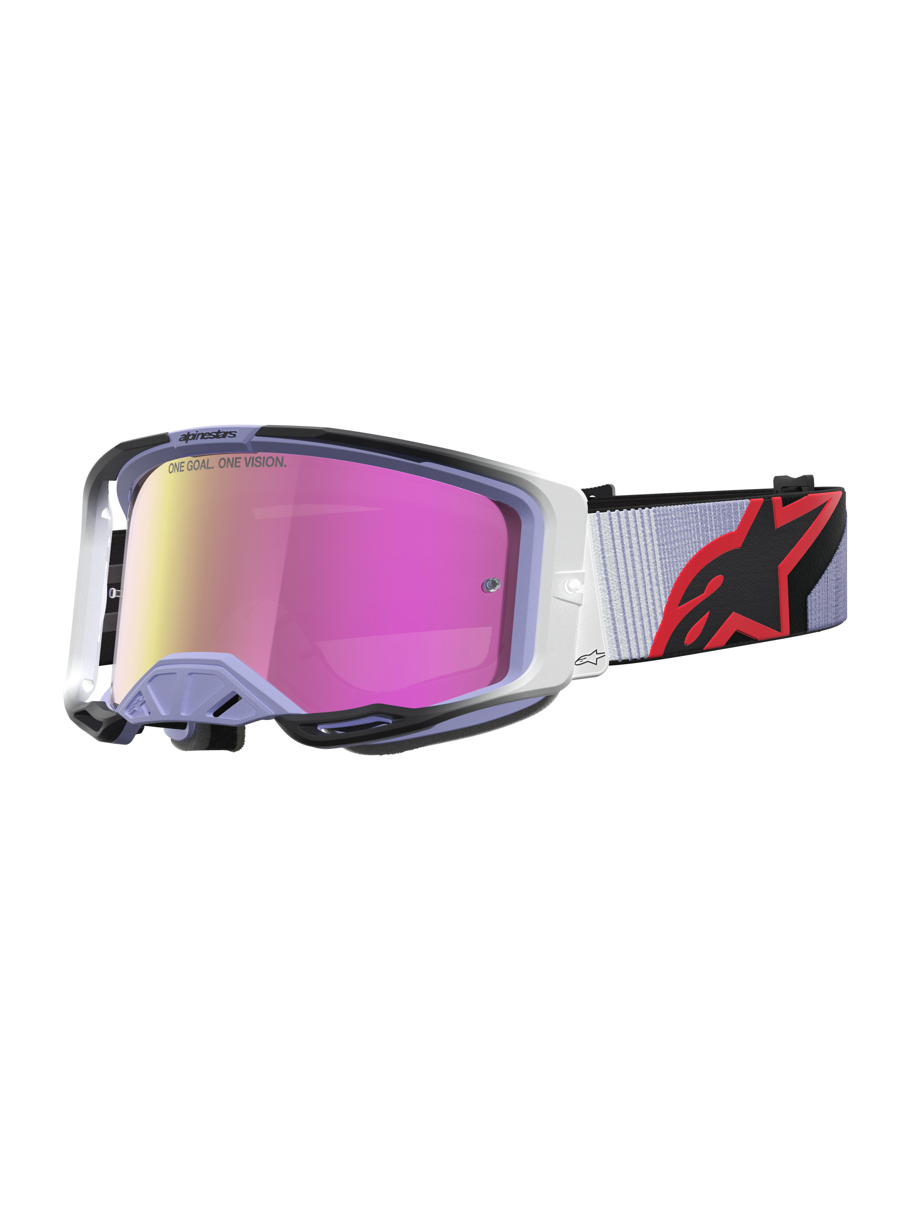 Alpinestars Vision 8 Maven Motocross Goggles in Lavender and Black, featuring a high-performance pink mirror anti-fog lens.