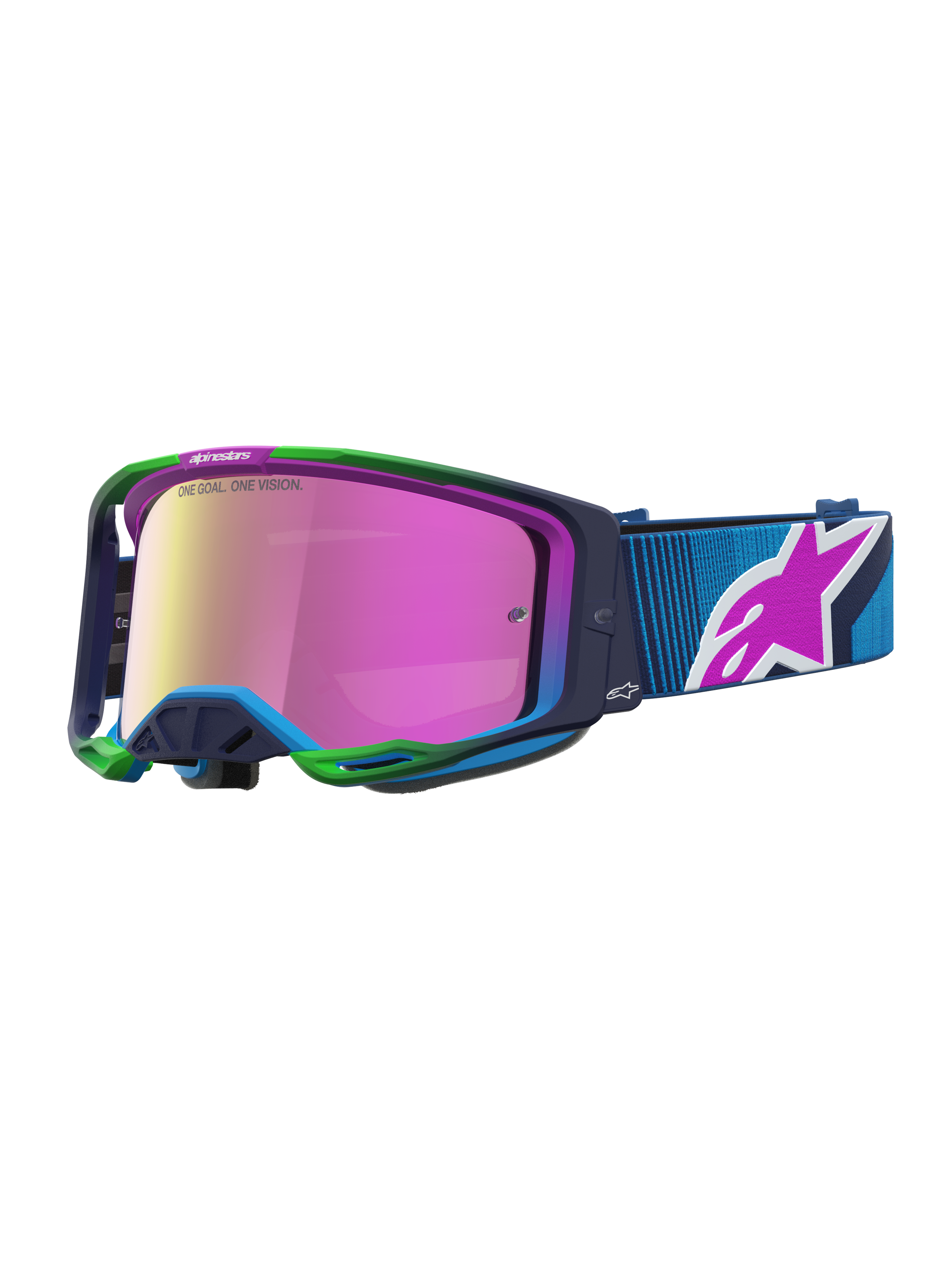 Alpinestars Vision 8 Maven Motocross Goggles in Blithe Blue and Purple Mirror Pink with RAM-AIR and A-FLEX frame.