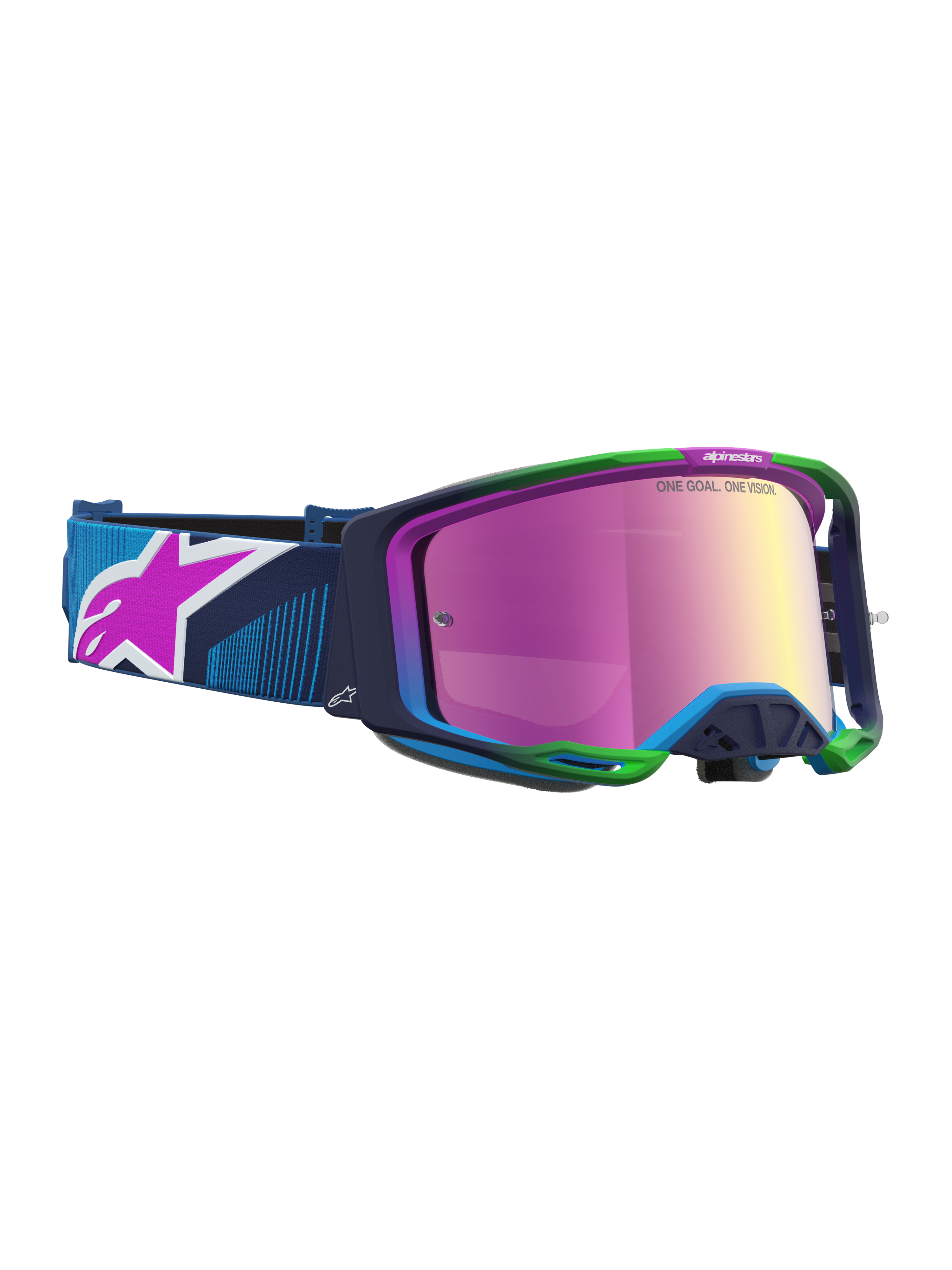 Alpinestars Vision 8 Maven Motocross Goggles, blue and green A-FLEX frame with a pink mirror lens and vented RAM-AIR design.