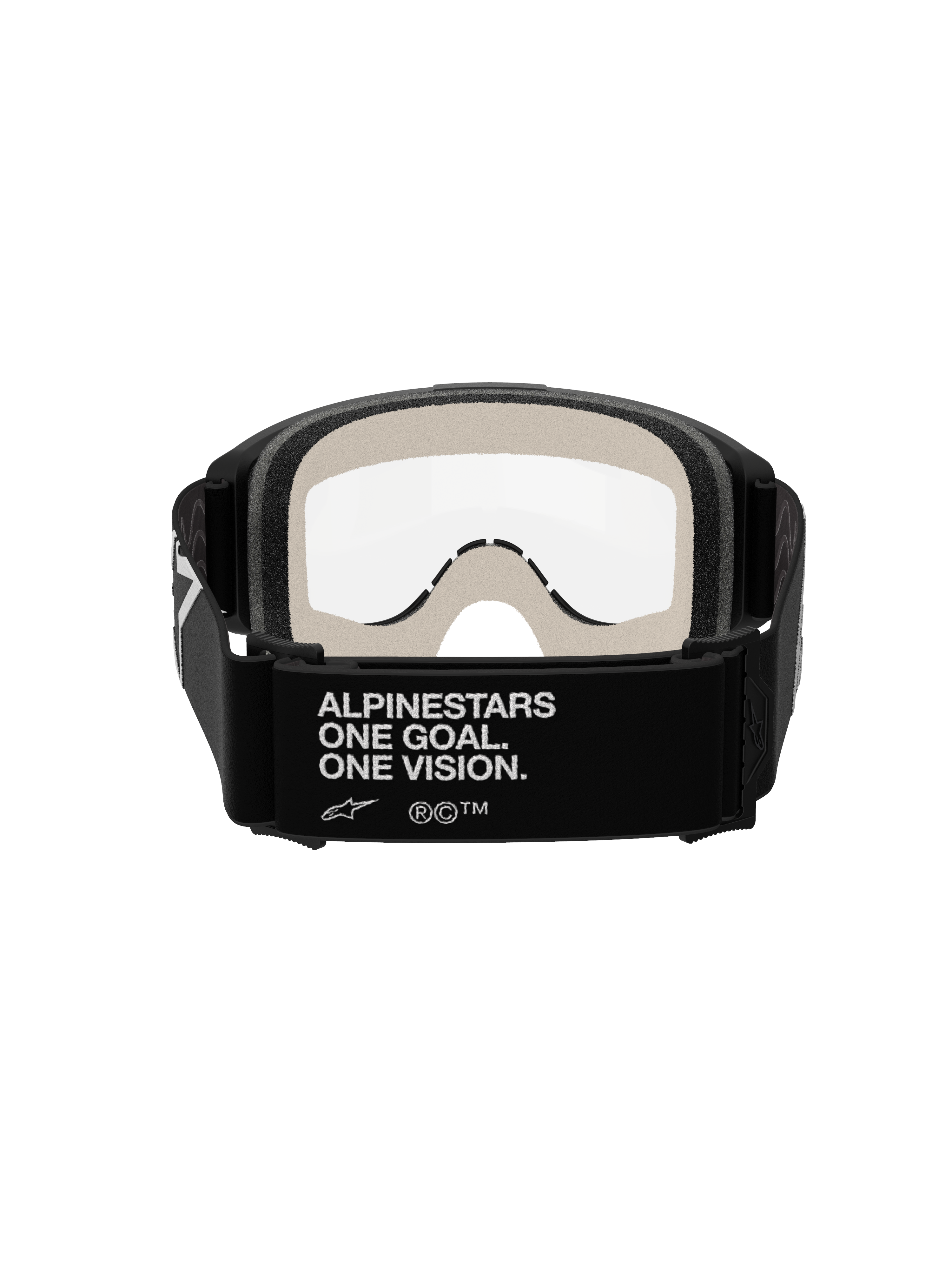 Alpinestars Vision 5 Corp Goggles, Motocross Goggles, Black and Clear, rear view showing the black strap with white 'ALPINESTARS ONE GOAL. ONE VISION.' branding, light grey face foam, and clear anti-fog lens.