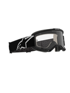 Alpinestars Vision 5 Corp Goggles, Motocross Goggles, Black frame with clear anti-fog lens, wide black strap featuring a white Astars logo, performance off-road eyewear with RAM-AIR ventilation