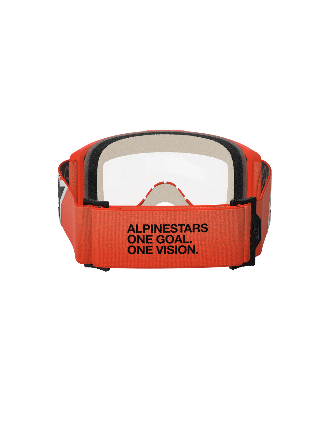 Alpinestars Vision 5 Corp Goggles, Rear View, Orange Strap with Black 'ALPINESTARS ONE GOAL. ONE VISION.' Text, Orange Frame and Clear Lens, Motocross Eye Protection