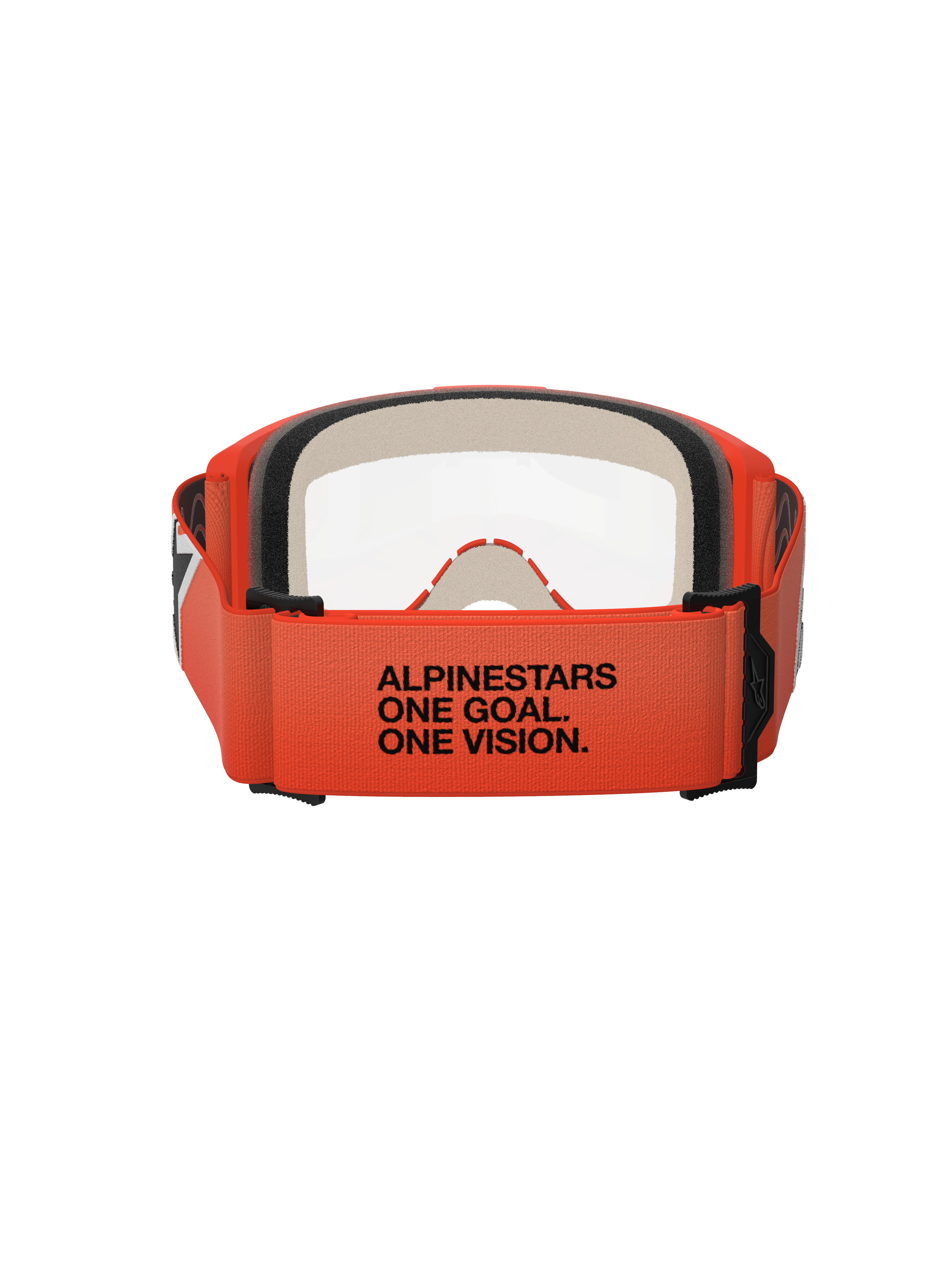 Alpinestars Vision 5 Corp Goggles, Rear View, Orange Strap with Black 'ALPINESTARS ONE GOAL. ONE VISION.' Text, Orange Frame and Clear Lens, Motocross Eye Protection