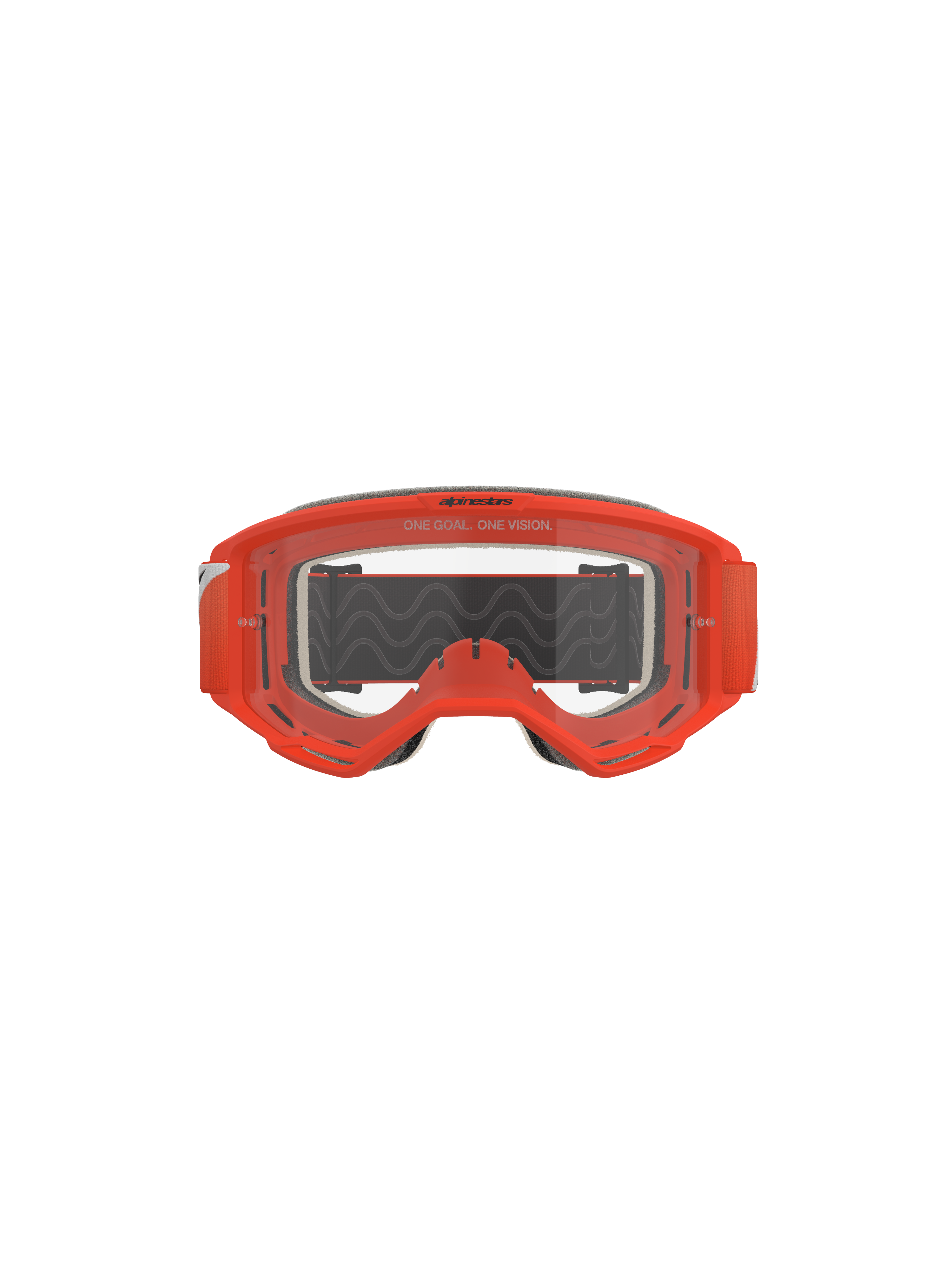 Alpinestars Vision 5 Corp Goggles, Motocross Goggles, Orange with Clear Lens, front view featuring a vibrant orange frame, transparent anti-fog lens with 'One Goal. One Vision' branding, gray face foam, and a black strap with wavy silicone traction.