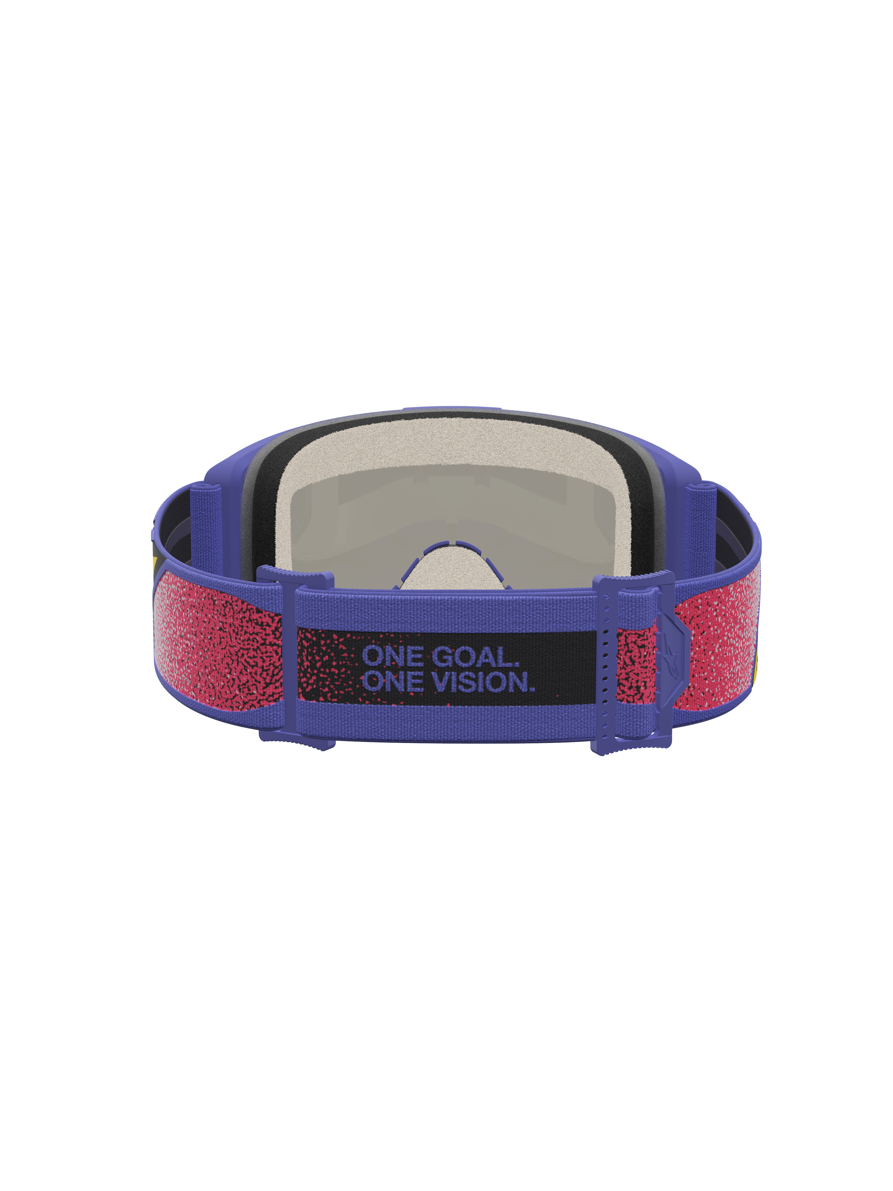 Alpinestars Vision 5 Drag Goggles, Purple and Red motocross goggles, rear view with brand motto on the adjustable strap.