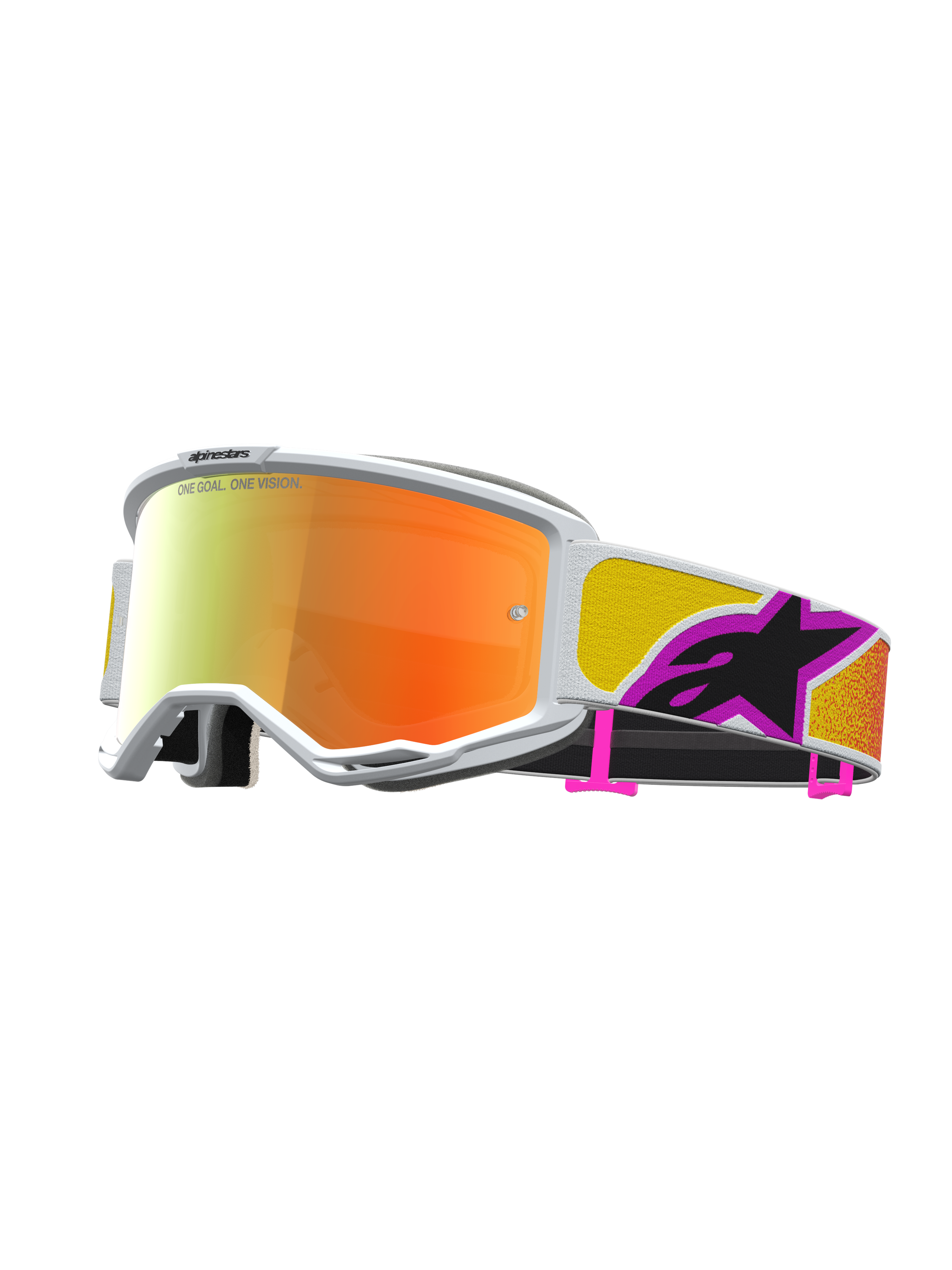 Alpinestars Vision 5 Drag Motocross Goggles, Orange Red Mirror Lens with White A-FLEX Frame and RAM-AIR Ventilation.