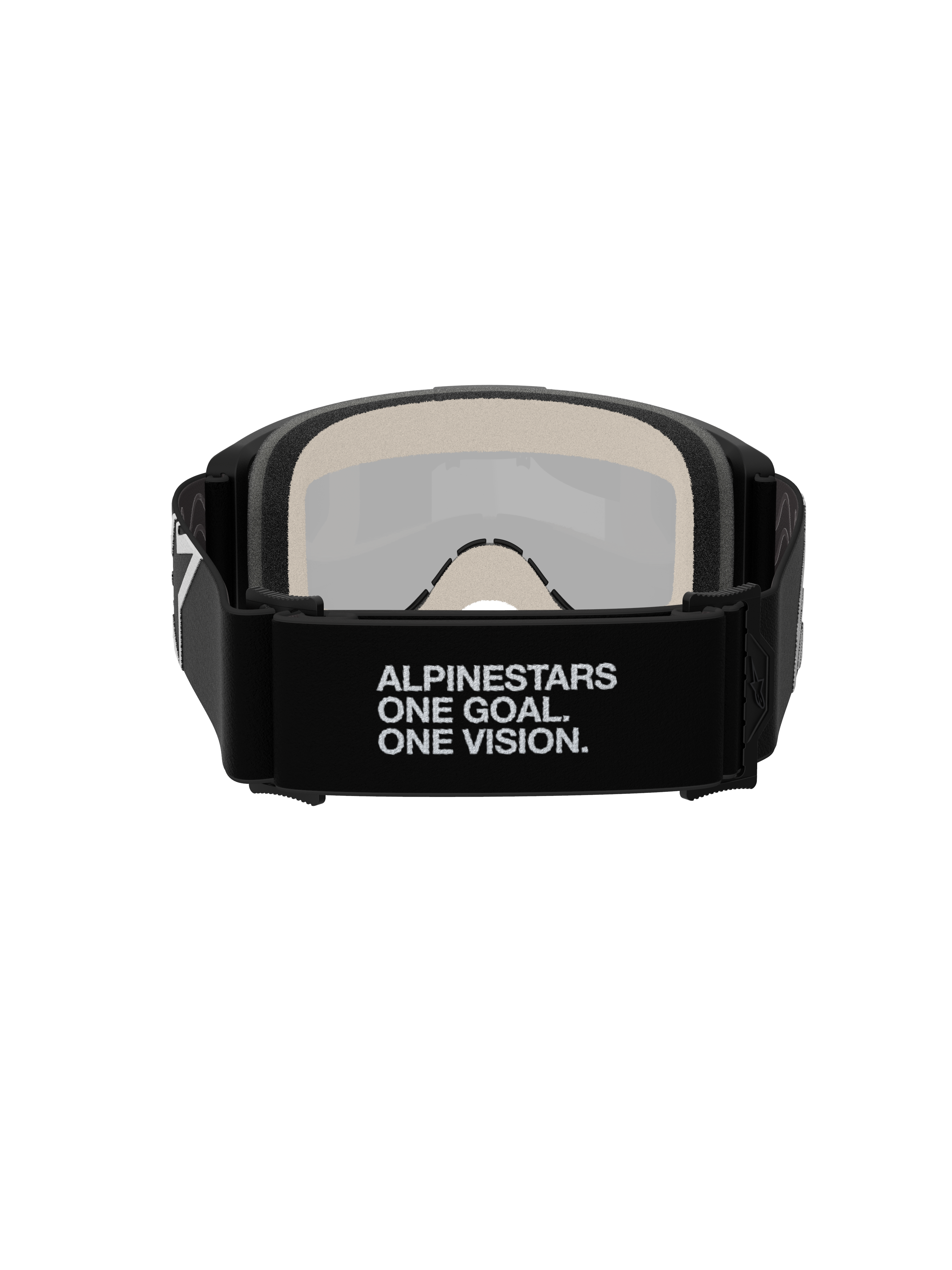 Alpinestars Vision 5 Corp Goggles, Motocross Goggles, Rear View, featuring black woven strap with white 'ALPINESTARS ONE GOAL. ONE VISION.' slogan, 17mm multi-layer face foam, silver mirror lens visible from the interior, designed for secure fit and off-road performance