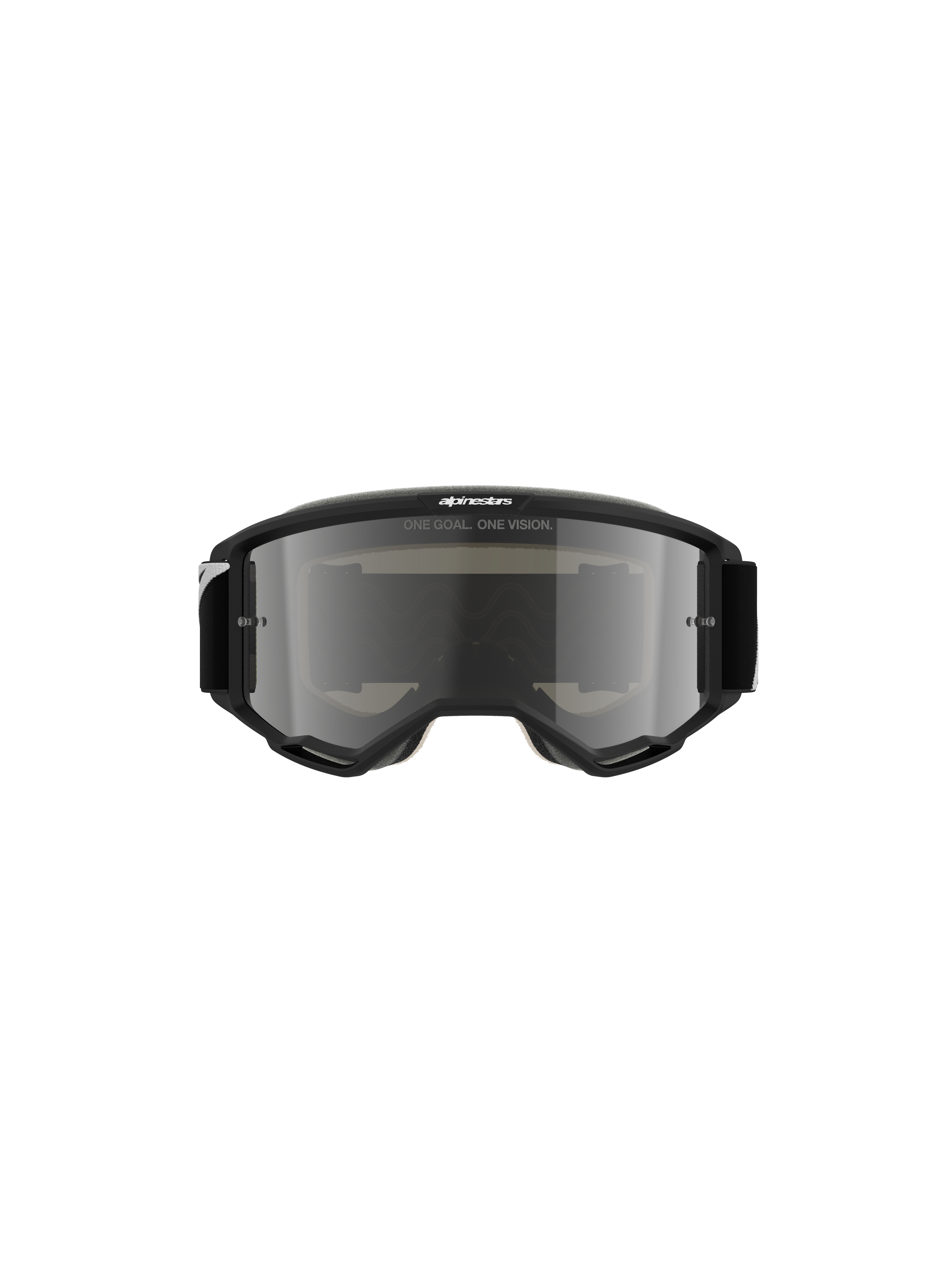 Alpinestars Vision 5 Corp Goggles, Motocross Goggles, Black with Mirror Silver lens, frontal view showing 'ONE GOAL. ONE VISION.' text and Alpinestars logo, sleek design for off-road and motocross racing