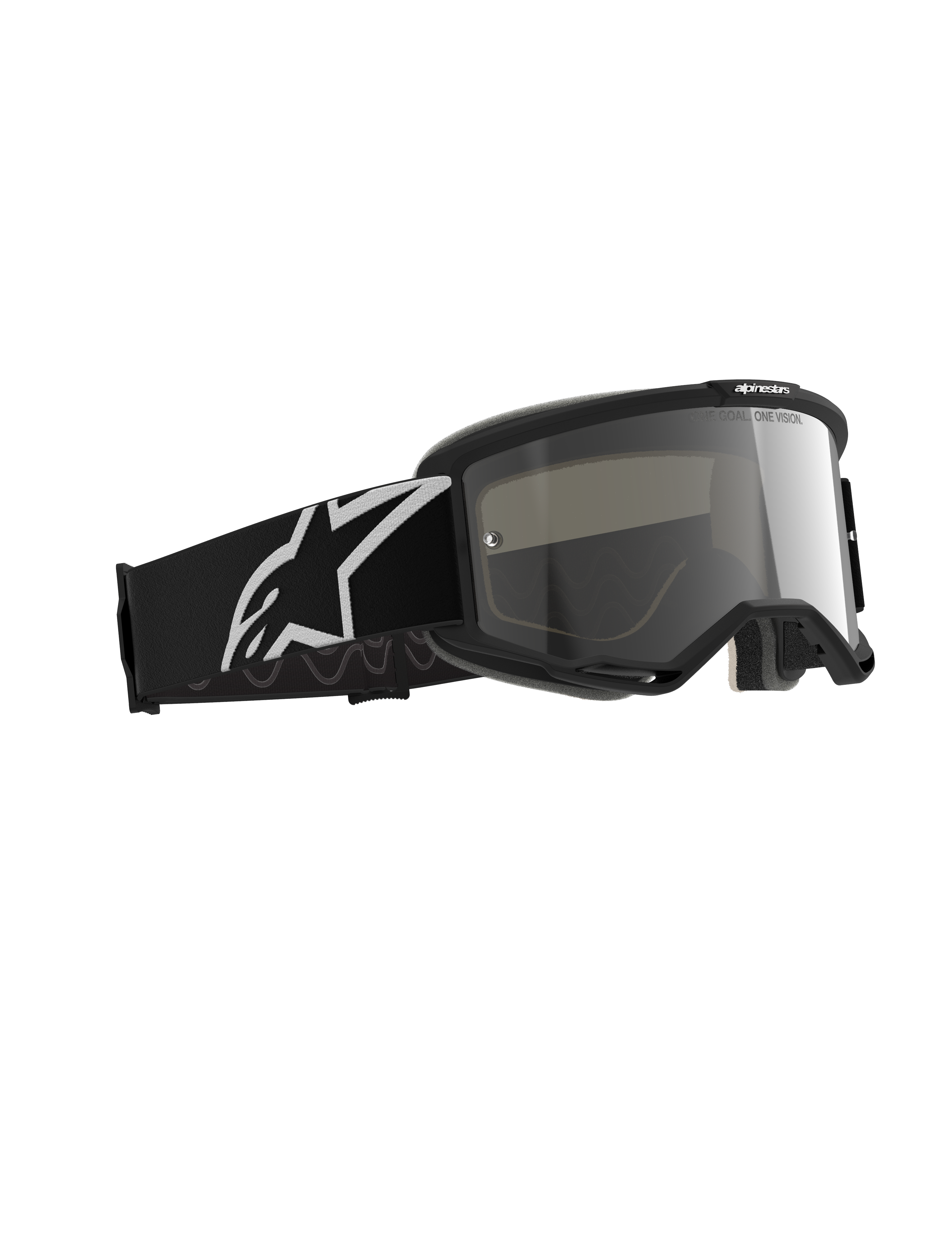 Alpinestars Vision 5 Corp Goggles, Motocross Goggles, Black Mirror Silver, black frame with a silver mirrored lens, wide black strap featuring a large white Alpinestars logo, designed for off-road performance