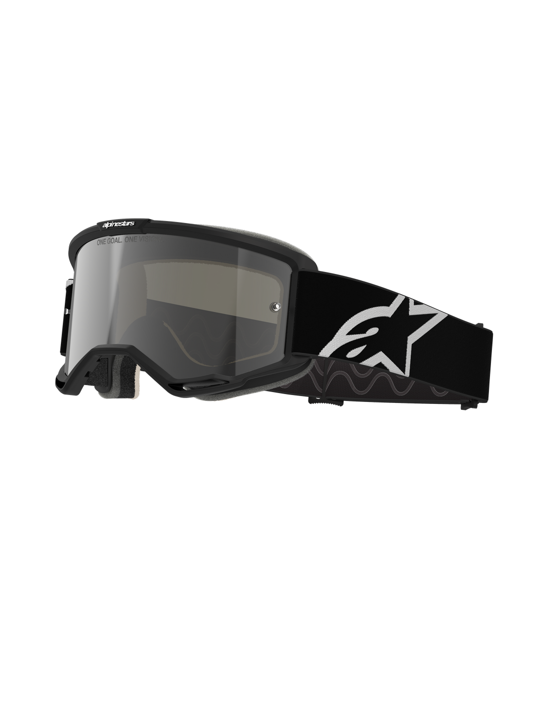 Alpinestars Vision 5 Corp Goggles, Motocross Goggles, Black frame with Silver Mirror lens, wide black adjustable strap with large white Alpinestars star logo, padded face foam, One Goal One Vision branding