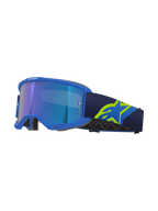Alpinestars Vision 5 Corp Goggles, Motocross Goggles, Blue frame with mirrored blue lens, navy strap with large neon yellow A-star logo, profile view showing ventilated frame and grey face foam, "ONE GOAL. ONE VISION." branding