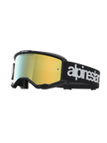 Alpinestars Vision 5 Hone Motocross Goggles with black A-FLEX frame, mirror gold lens, and white logo on a black strap.