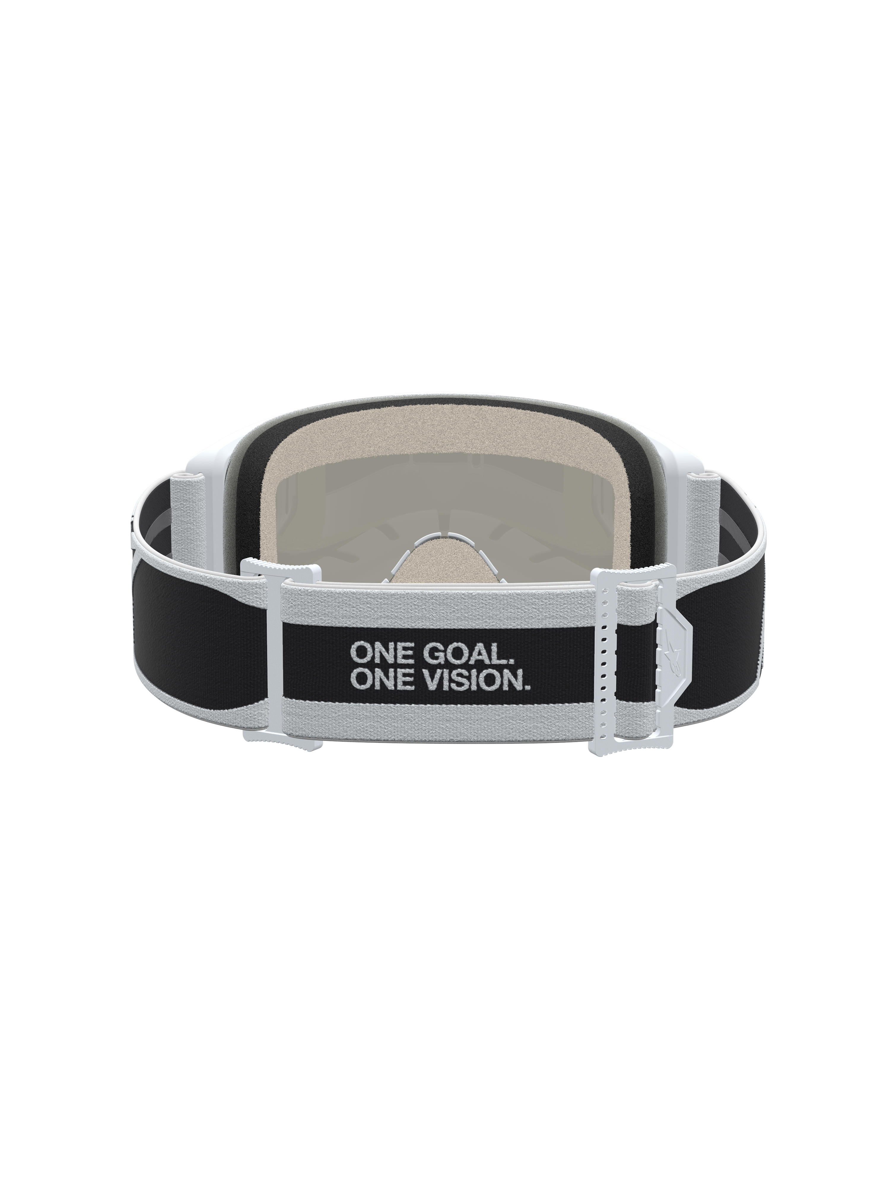 Alpinestars Vision 5 Rora Goggles, motocross racing, black and white, rear view strap with 'One Goal. One Vision.' slogan.