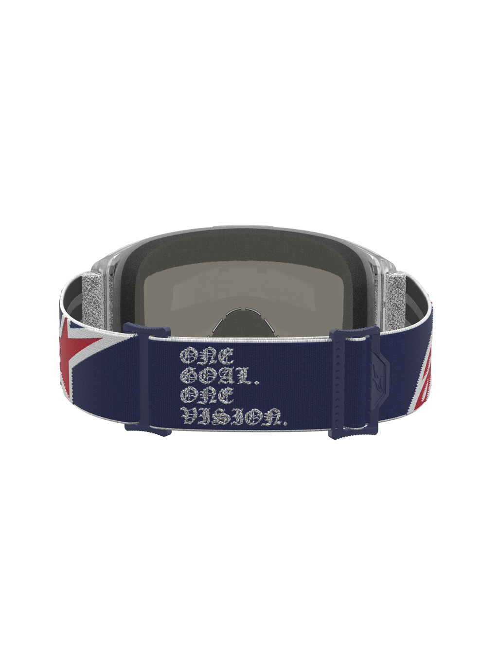 Alpinestars Limited Edition Vision 5 Fiftyfold Goggles, rear view showing blue and red strap with white slogan text.