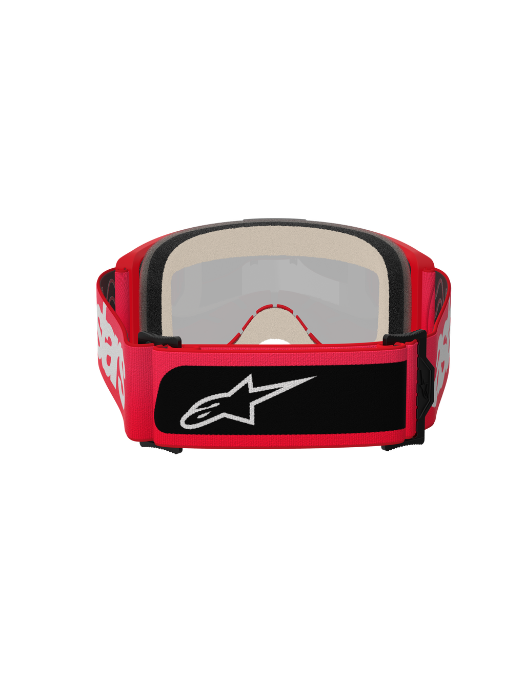 Alpinestars Vision 5 Blaze Goggles, Motocross Goggles, Red, rear view featuring thick multi-layer face foam and a wide adjustable strap with white Alpinestars lettering and a black logo patch
