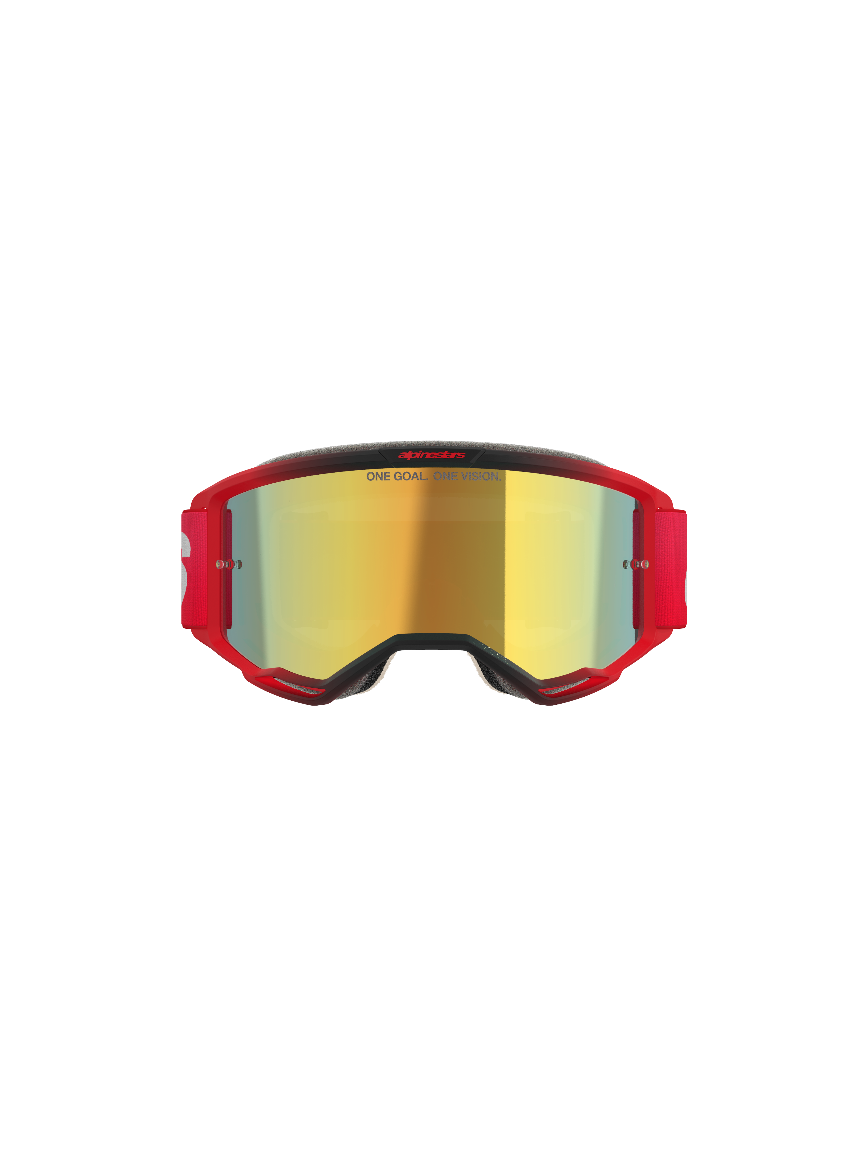 Alpinestars Vision 5 Blaze Goggles, Motocross Goggles, Red frame with Gold Mirror lens, features 'ONE GOAL. ONE VISION.' text on lens, red elastic strap with white logo, professional motocross eye protection