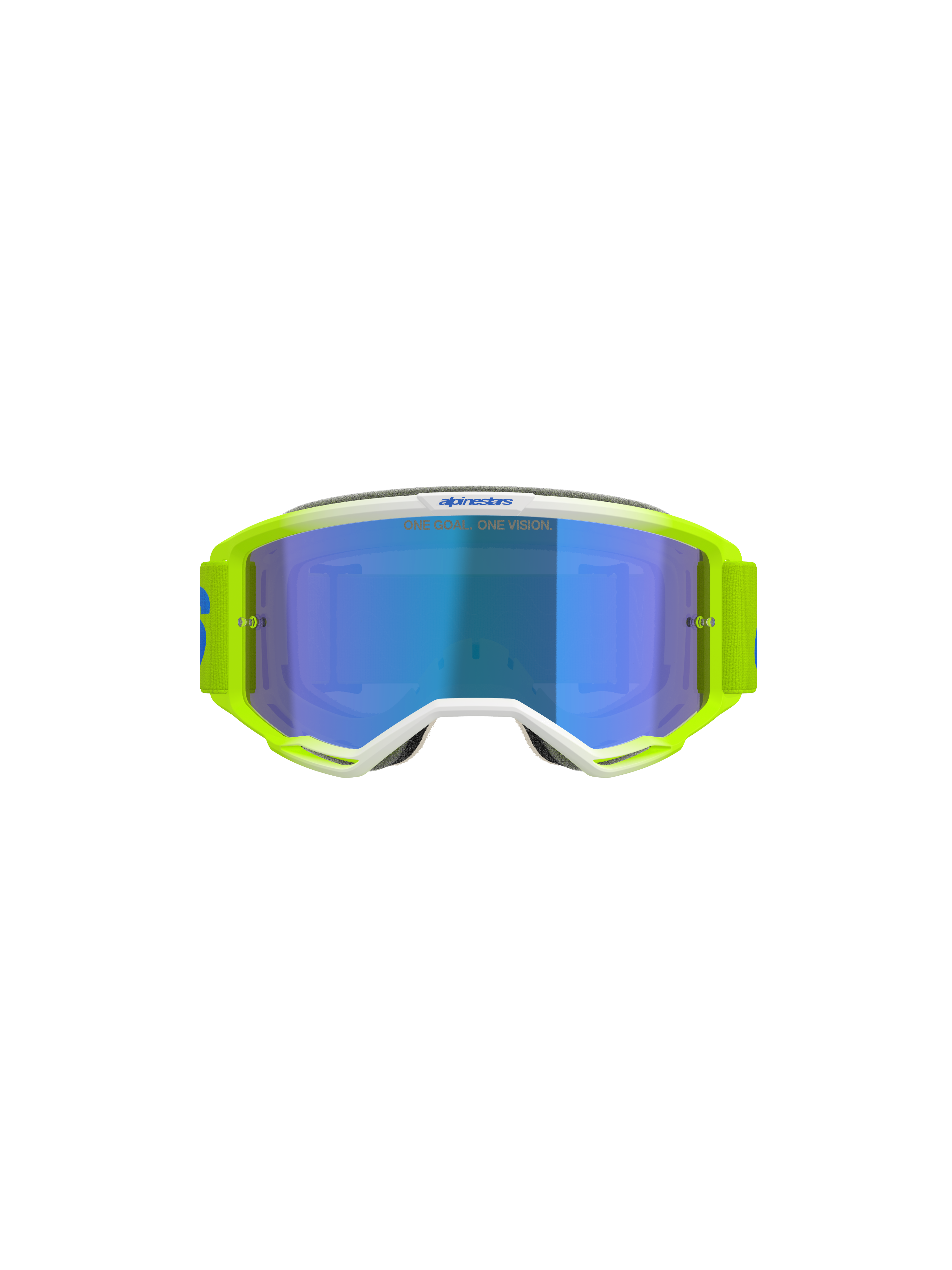 Alpinestars Vision 5 Blaze Goggles, Motocross Goggles, Fluo Yellow and Blue, featuring a Blue Mirror lens, white frame detailing, and a wide adjustable strap with Alpinestars branding, professional eye protection for off-road and motocross racing