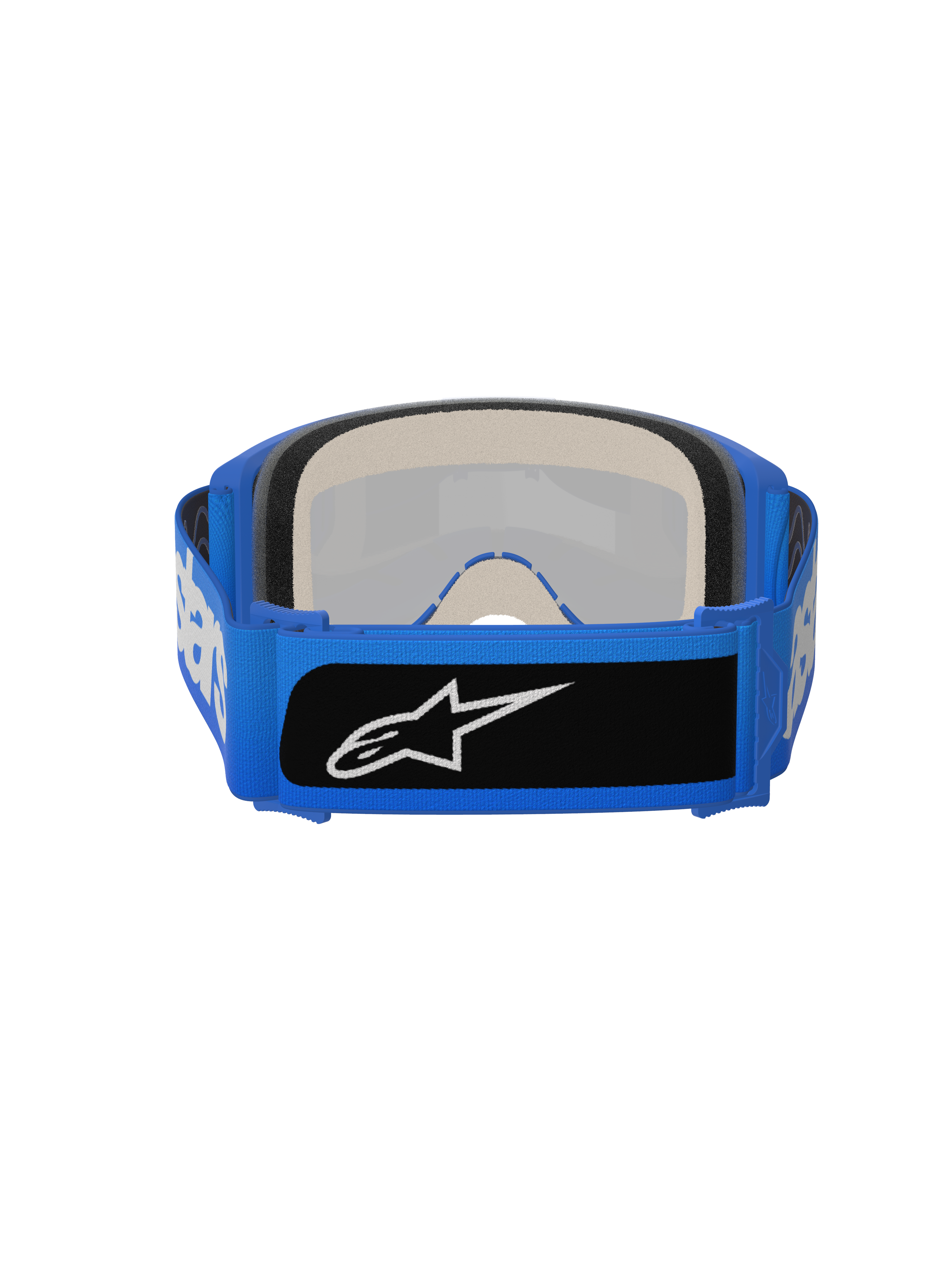 Alpinestars Vision 5 Blaze Goggles, Motocross Goggles, Blue, rear view showing thick multi-layer face foam and wide blue woven strap with a black logo patch, high-performance eye protection for off-road riding