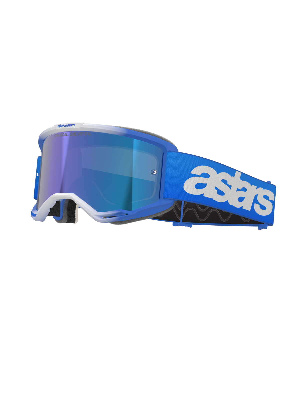 Alpinestars Vision 5 Blaze Goggles, Motocross Goggles, Blue and White, featuring a reflective blue mirror lens, wide blue strap with bold white astars branding, curved frame with white accents, thick black foam padding, professional off-road racing eyewear
