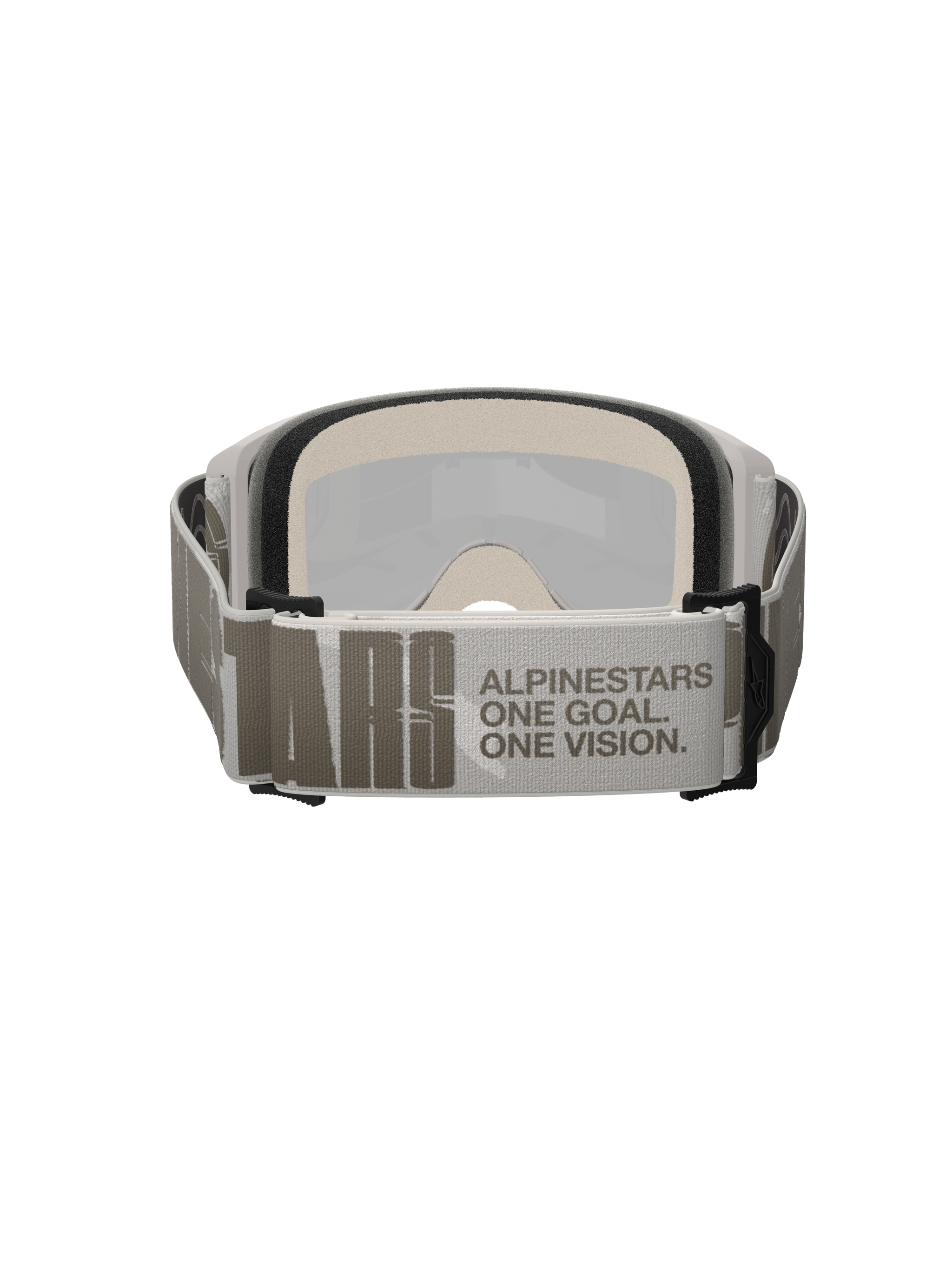 Alpinestars Vision 5 Hollow Goggles, Motocross Goggles, White and Light Gray, Rear view featuring a wide woven strap with 'ALPINESTARS ONE GOAL. ONE VISION.' branding, thick multi-layer face foam, high-performance off-road eyewear