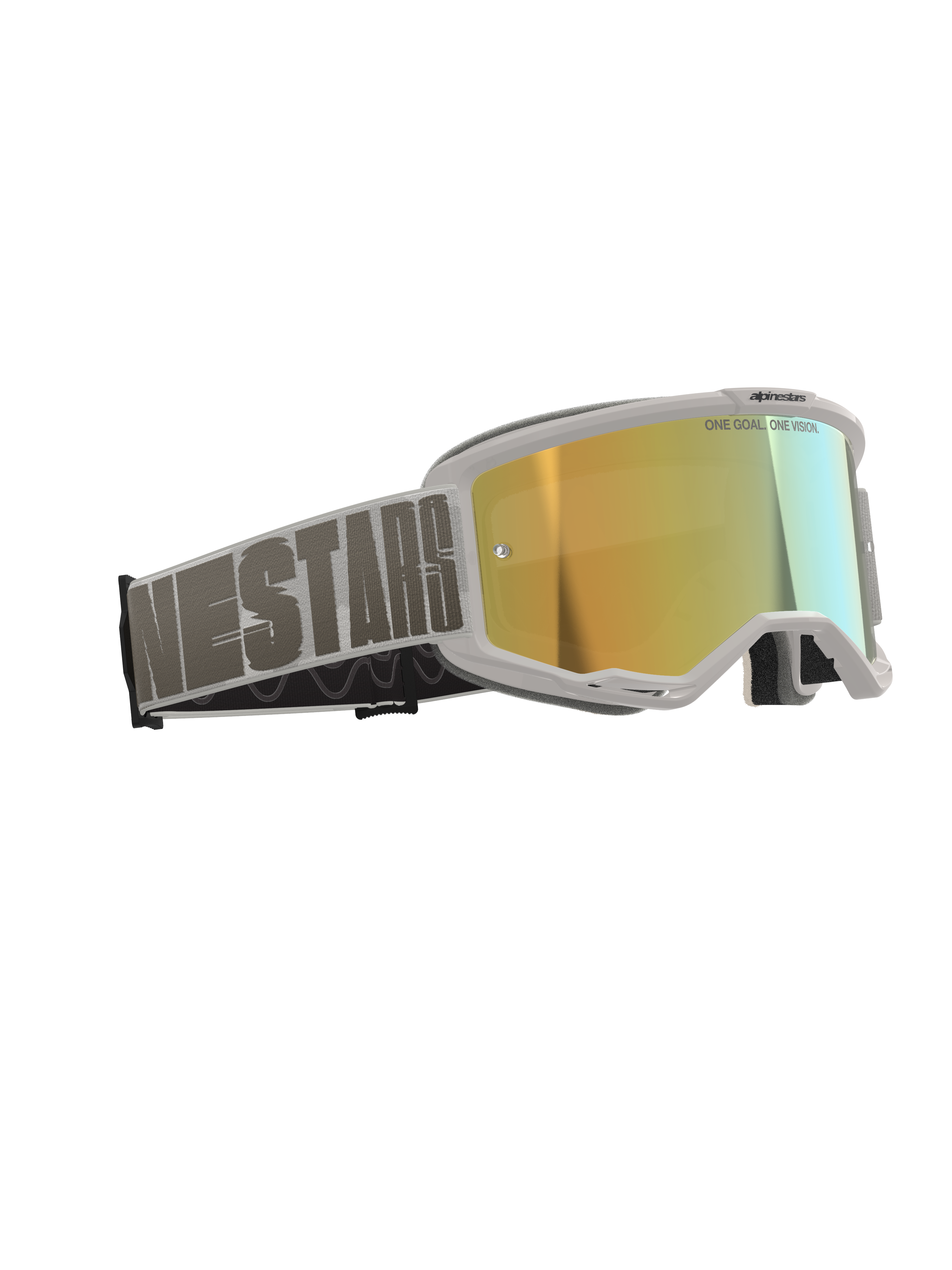 Alpinestars Vision 5 Hollow Goggles, Motocross Goggles, White frame with Wind Mirror Gold reflective lens, gray woven strap with bold Alpinestars typography, features "One Goal. One Vision." text on the lens, professional off-road racing eyewear