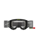 Alpinestars Vision 5 Hollow Goggles Roll Off, Motocross Goggles, Charcoal and Fluo Yellow, featuring a clear roll-off lens system with translucent canisters, red pull tab, white branding and "ONE GOAL. ONE VISION." text, designed for off-road racing