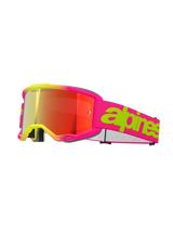 Alpinestars Vision 5 Wordmark Goggles, Motocross Goggles, Pink Fluo and Yellow, Red Mirror Lens, wide pink strap with bold lime green wordmark, sporty design for off-road racing